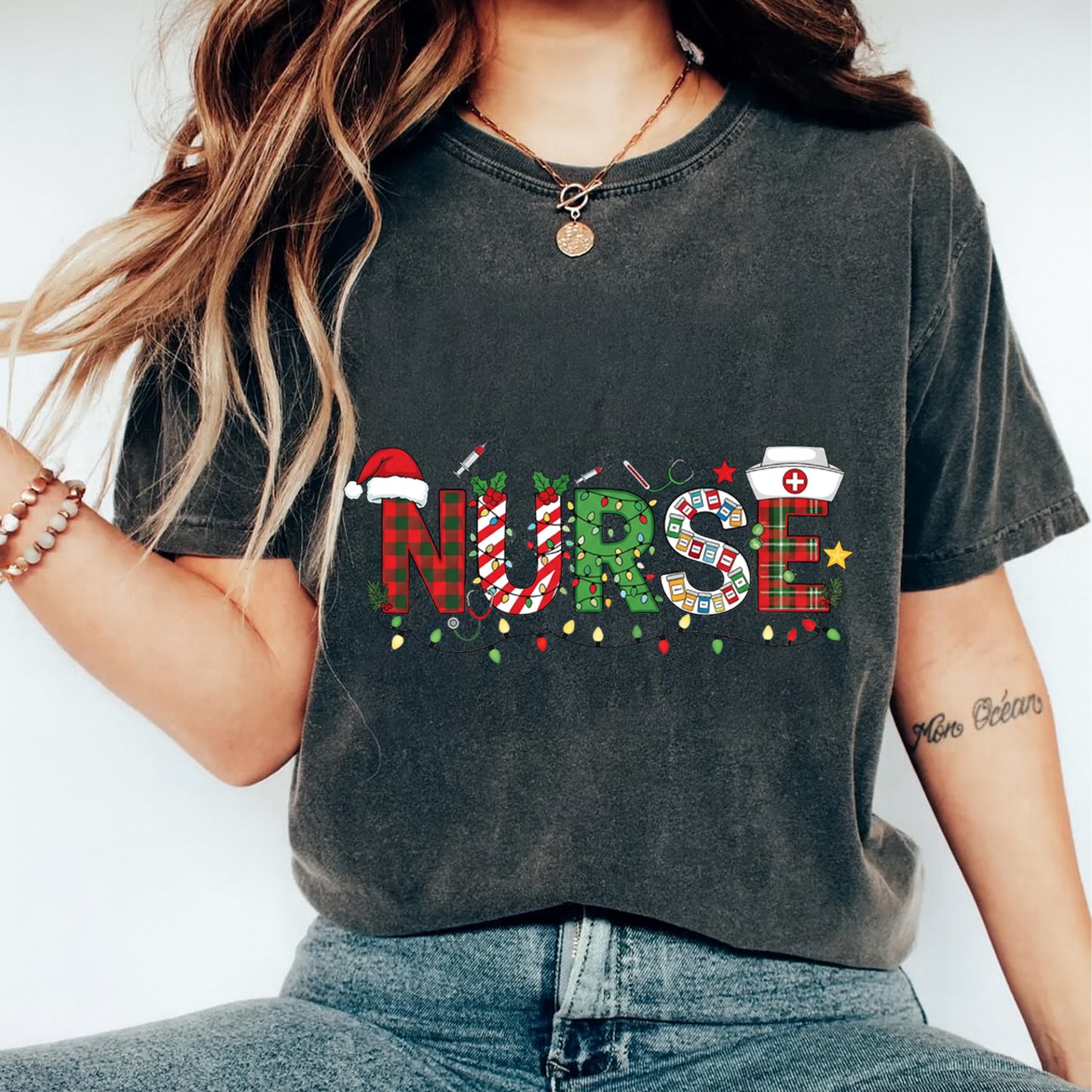 Christmas DTF Transfer – Nurse Holiday Lights and Santa Hat Ready to Press Iron On Heat Transfer for DIY Shirts 11909