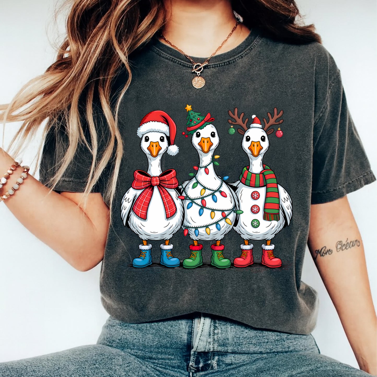 Christmas DTF Transfer – Festive Geese with Santa Hat Lights and Antlers Ready to Press Iron On Heat Transfer for DIY Shirts 11910