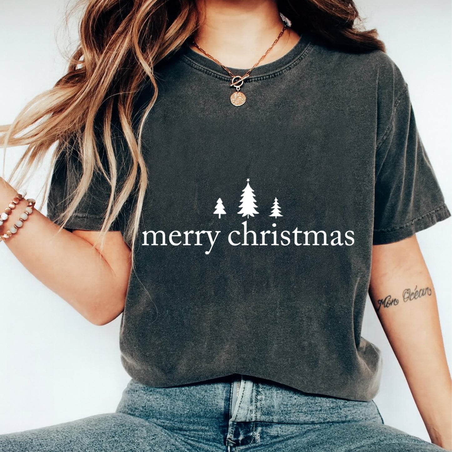 Christmas DTF Transfer – Minimalist White Trees Merry Christmas Ready to Press Iron On Heat Transfer for DIY Shirts 11913