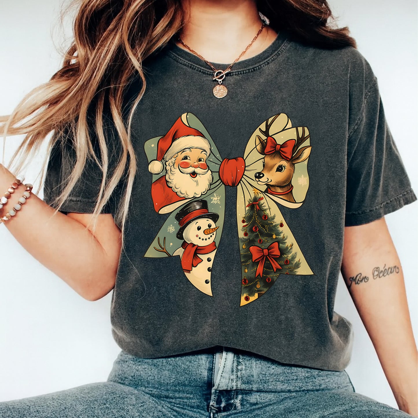 Christmas DTF Transfer – Retro Holiday Bow with Santa Reindeer and Tree Ready to Press Iron On Heat Transfer for DIY Shirts 11915
