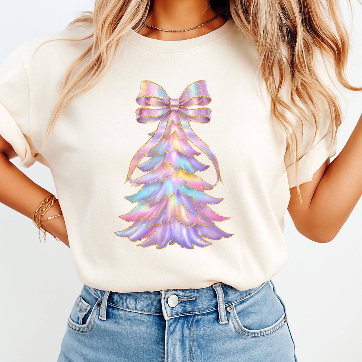 Christmas DTF Transfer – Iridescent Pastel Tree with Bow Ready to Press Iron On Heat Transfer for DIY Shirts 11924