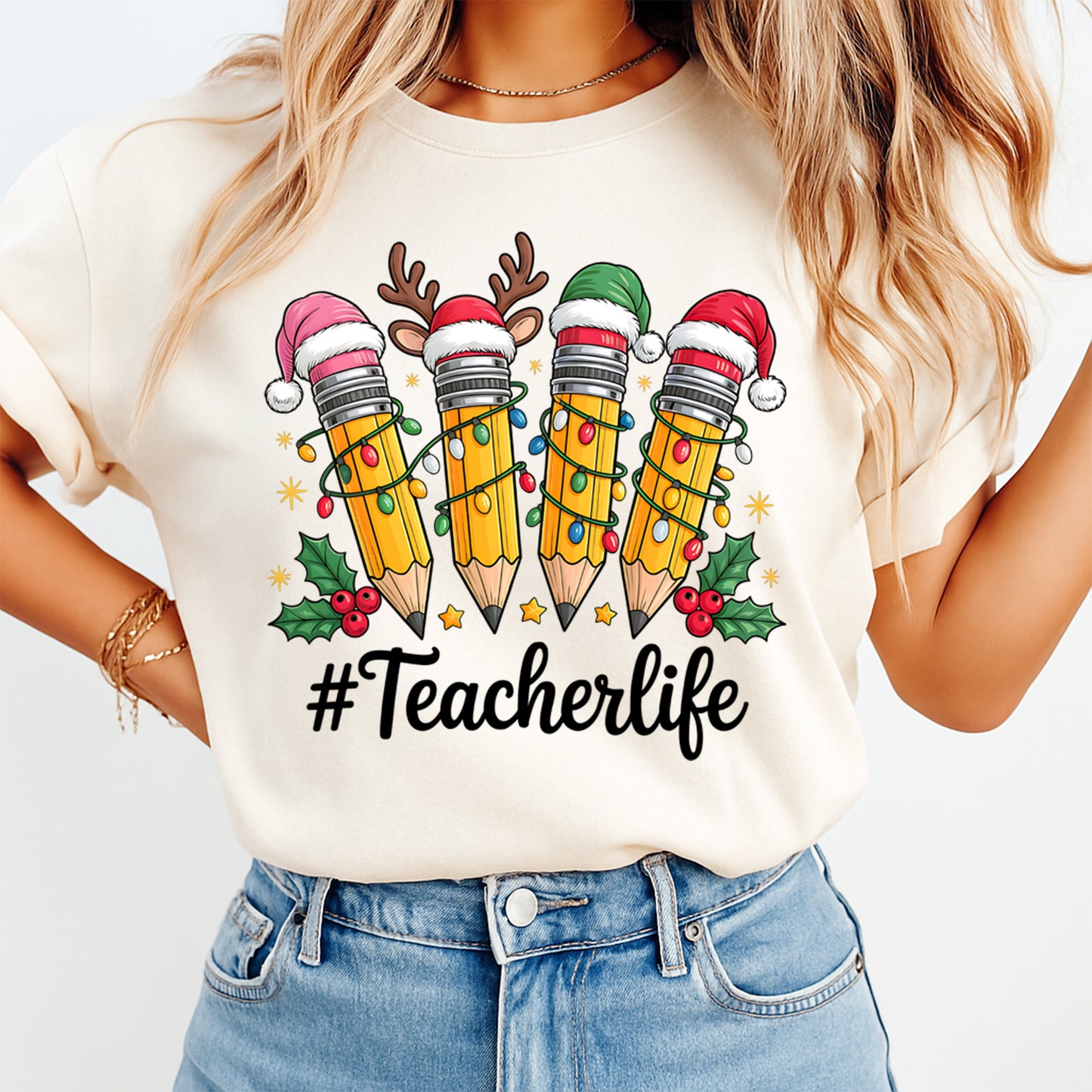 Teacher Christmas DTF Transfer – Pencils with Santa Hats and Lights Ready to Press Iron On Heat Transfer for DIY Shirts 11925