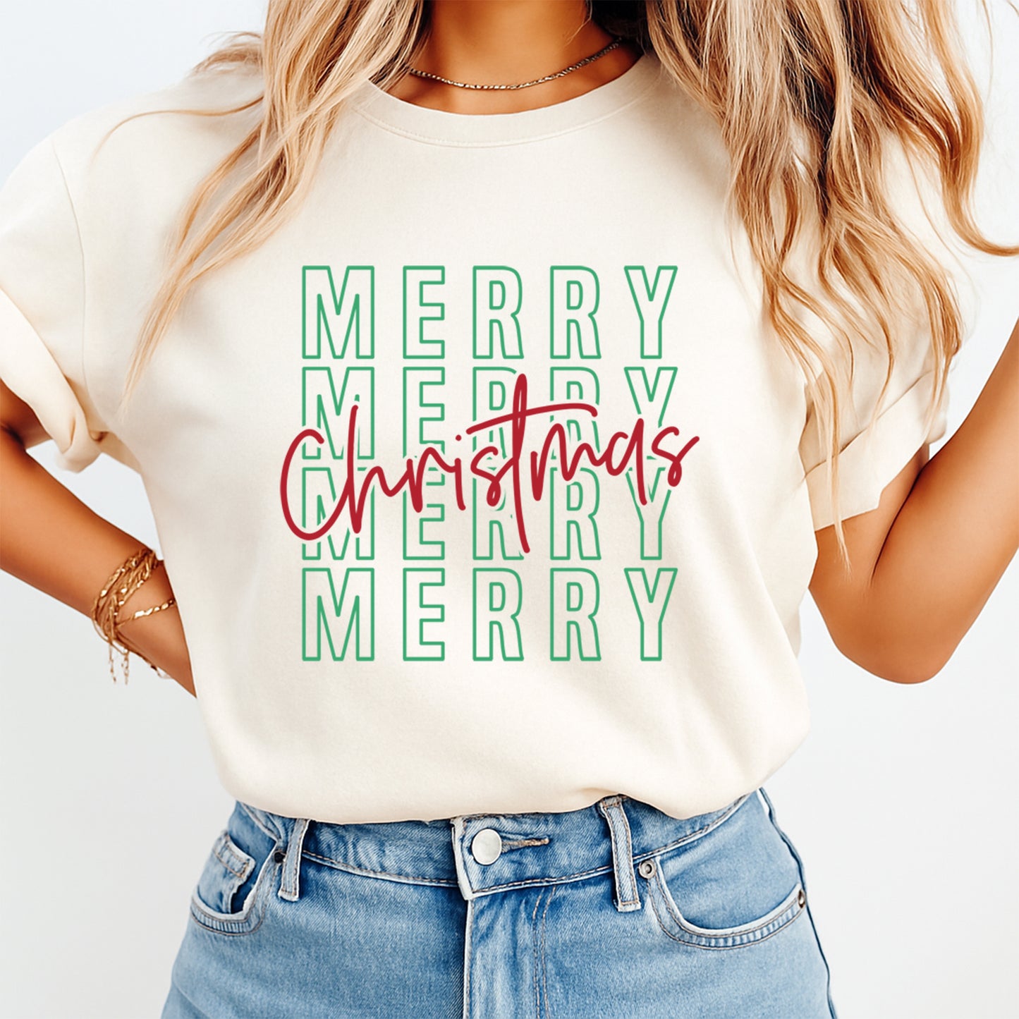 Christmas DTF Transfer – Merry Merry Red and Green Typography Ready to Press Iron On Heat Transfer for DIY Shirts 11929