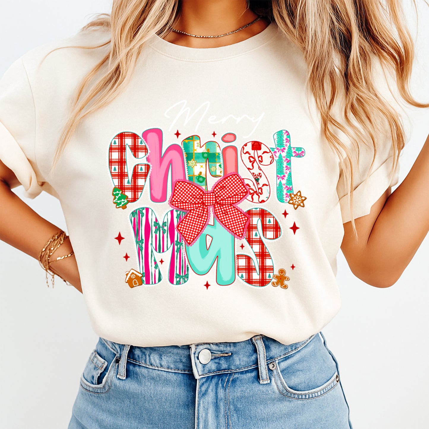 Christmas DTF Transfer – Patchwork Merry Christmas with Bow and Patterns Ready to Press Iron On Heat Transfer for DIY Shirts 11930