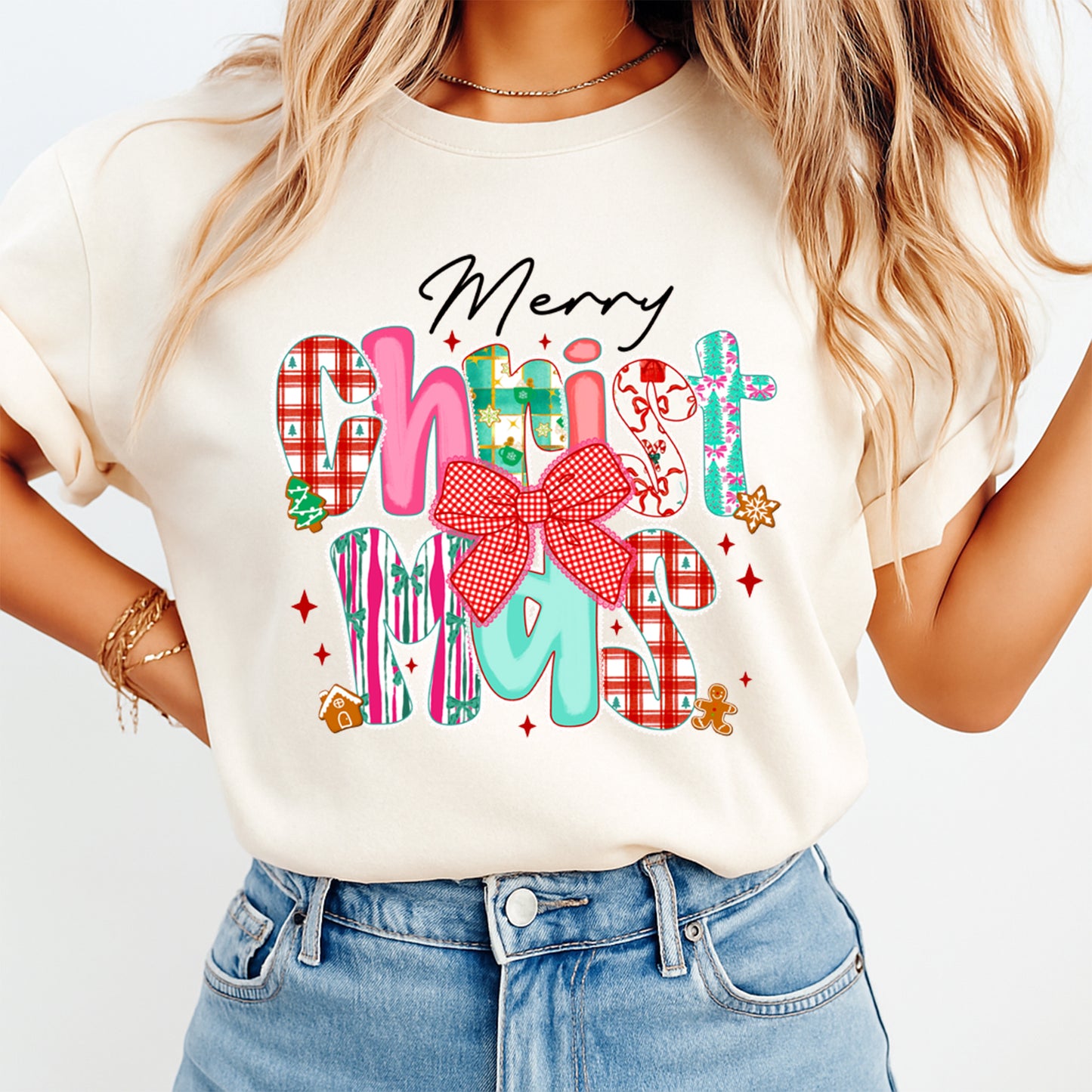 Christmas Patchwork Letters and Bow DTF Transfer – Ready to Press Iron On Heat Transfer for DIY Shirts 11931