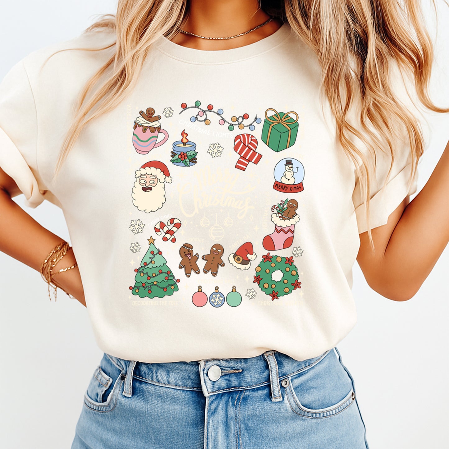 Christmas Icons & Merry Lettering DTF Transfer – Ready to Press Iron On Heat Transfer for DIY Shirts 11933