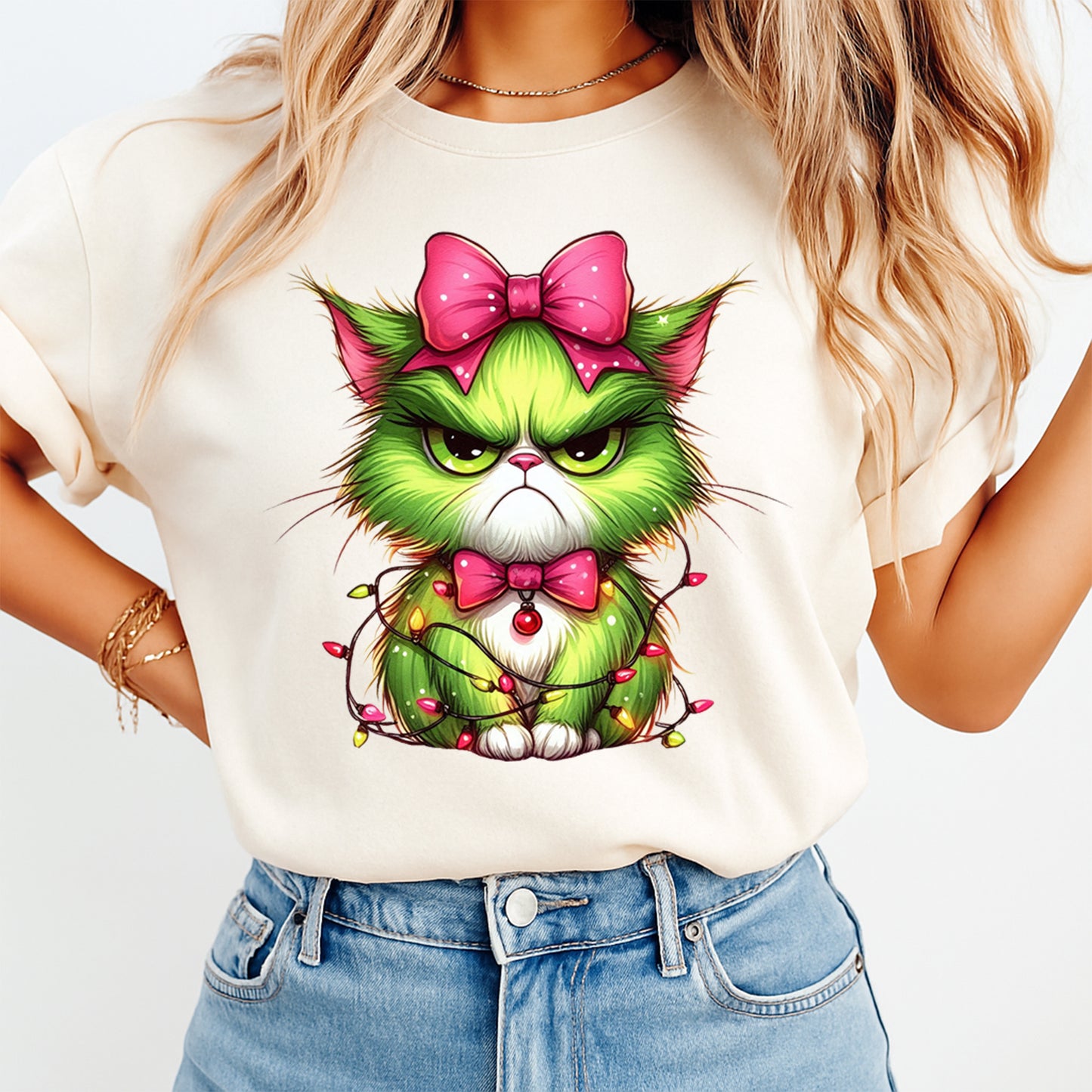 Christmas Grumpy Cat Bow Lights DTF Transfer – Ready to Press Iron On Heat Transfer for DIY Shirts 11934