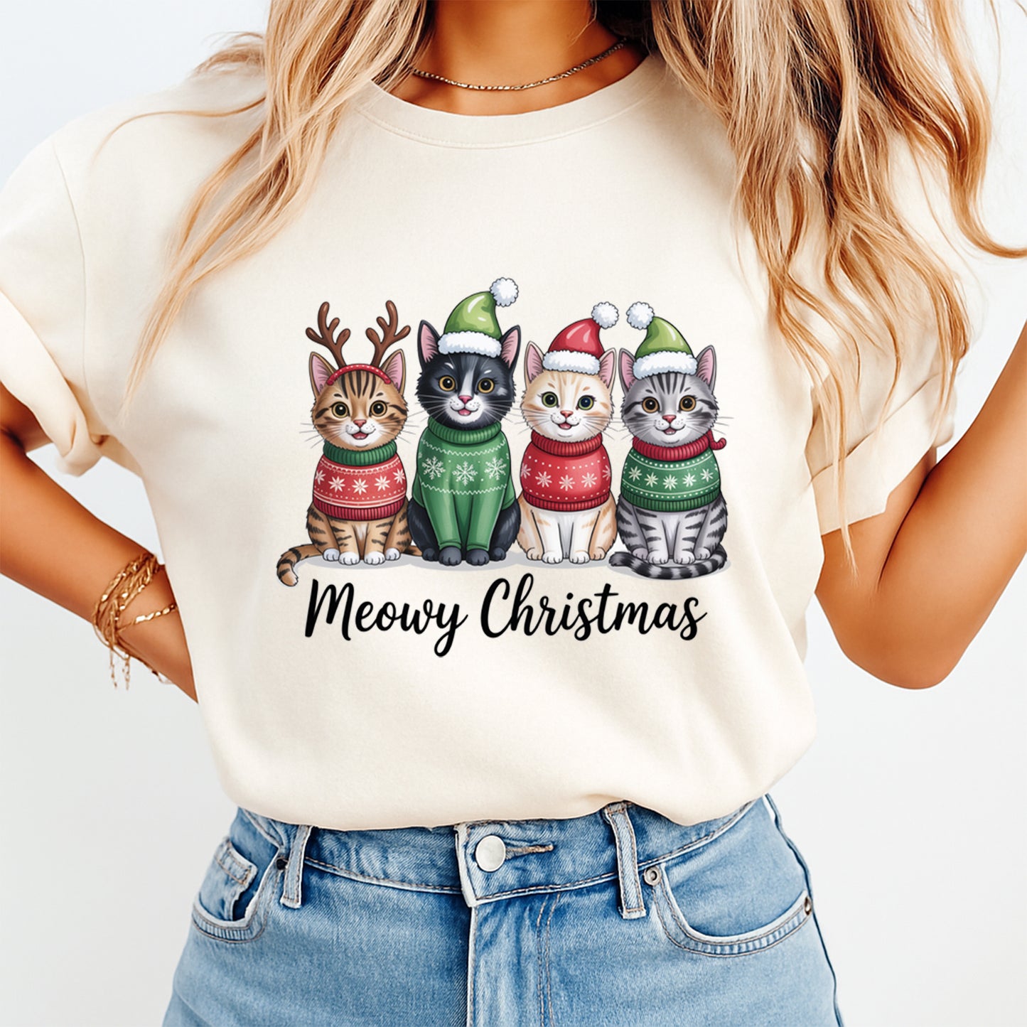 Christmas Cat Quartet Sweaters DTF Transfer – Ready to Press Iron On Heat Transfer for DIY Shirts 11936
