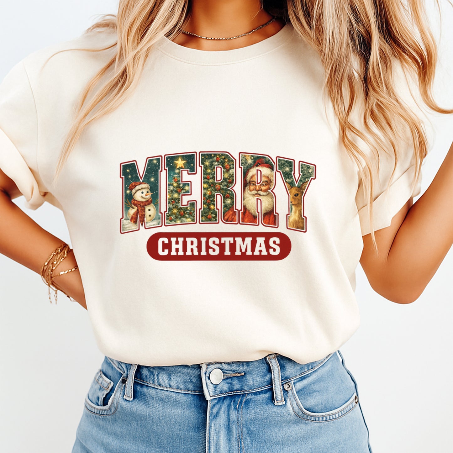 Christmas Retro Merry Letters DTF Transfer – Ready to Press Iron On Heat Transfer for DIY Shirts 11939