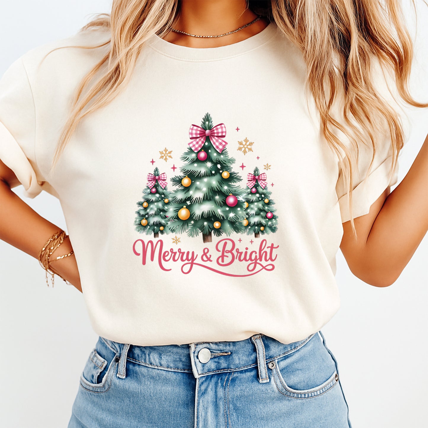 Christmas Tree Trio Pink Bows DTF Transfer – Ready to Press Iron On Heat Transfer for DIY Shirts 11943