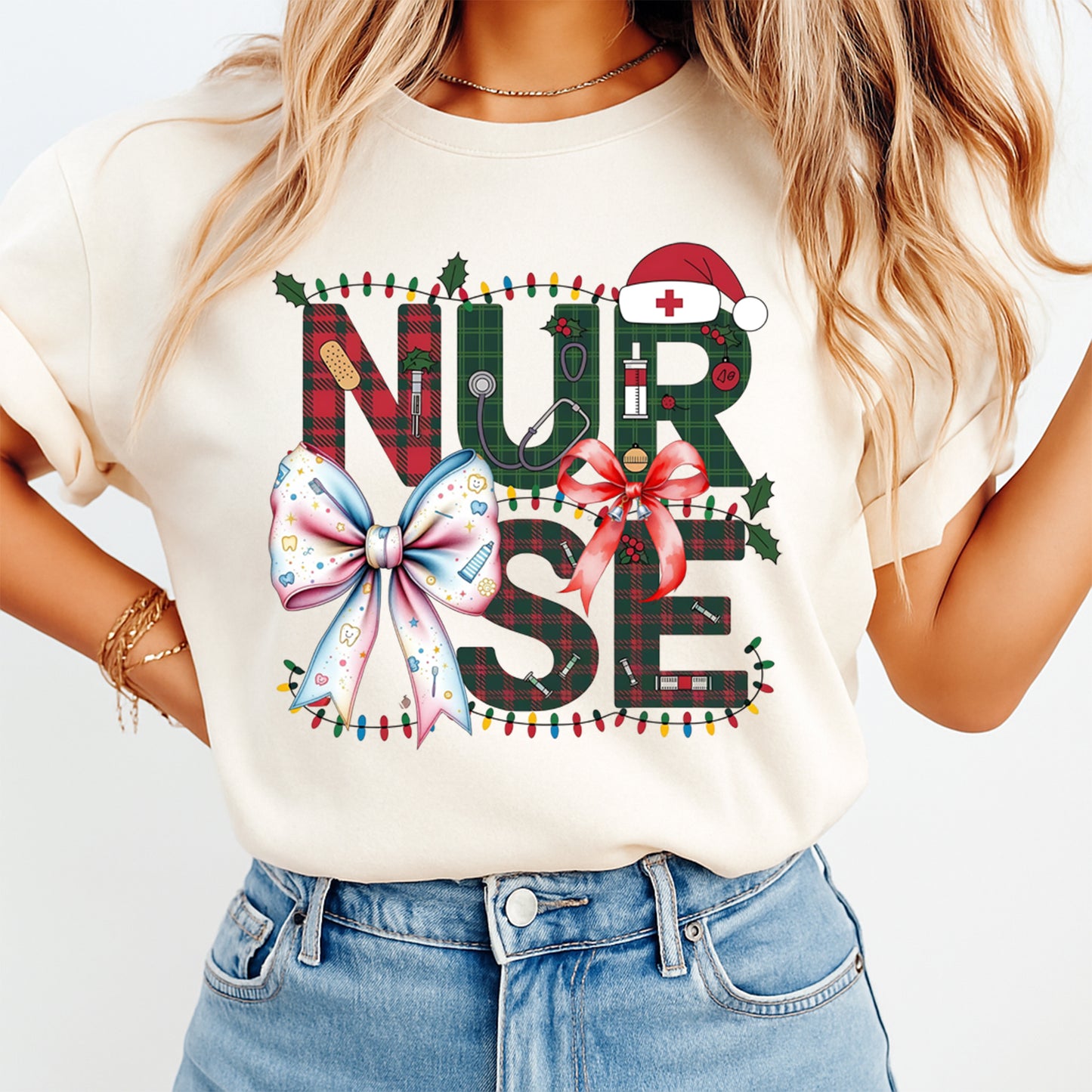 Christmas Nurse Plaid Letters DTF Transfer – Ready to Press Iron On Heat Transfer for DIY Shirts 11947