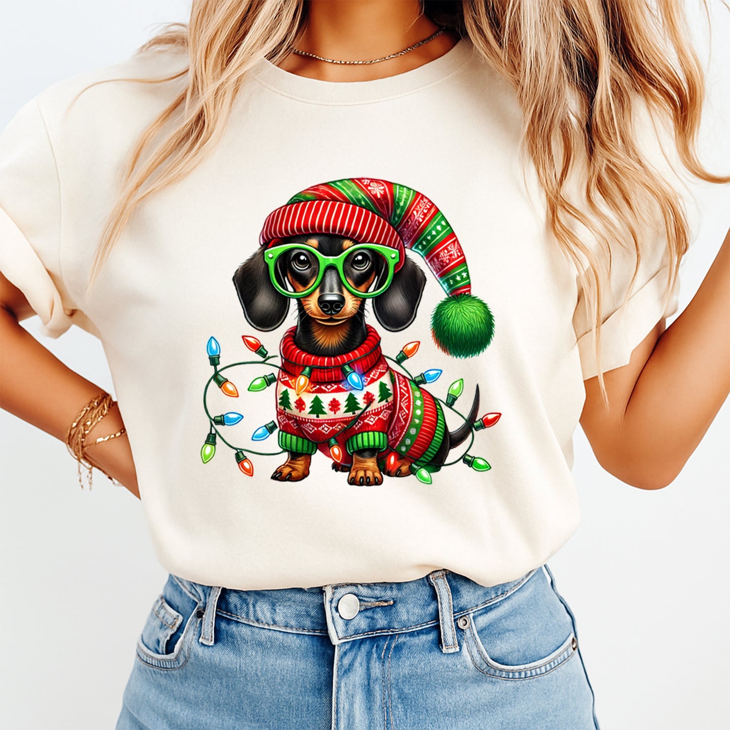 Christmas Dachshund Sweater Lights DTF Transfer – Ready to Press Iron On Heat Transfer for DIY Shirts 11950