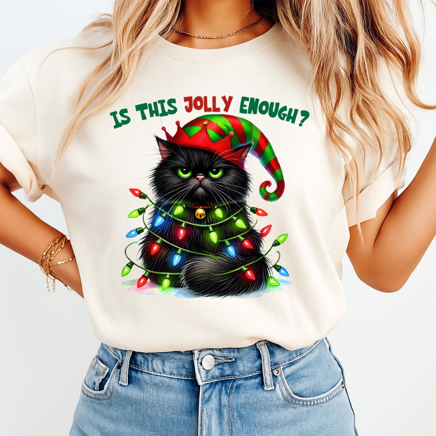 Christmas Grumpy Cat Lights DTF Transfer – Ready to Press Iron On Heat Transfer for DIY Shirts 11954