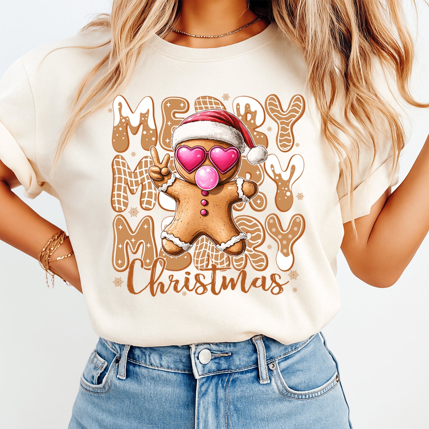 Gingerbread Merry Christmas DTF Transfer – Ready to Press Iron On Heat Transfer for DIY Shirts 11962
