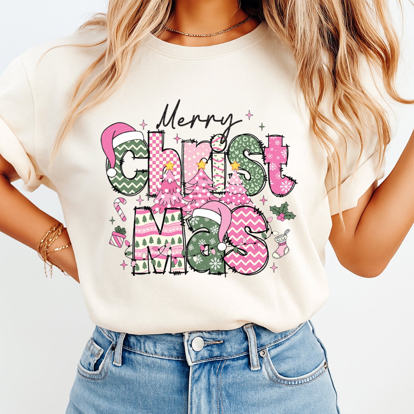 Merry Christmas Pattern Trees DTF Transfer – Ready to Press Iron On Heat Transfer for DIY Shirts 11969