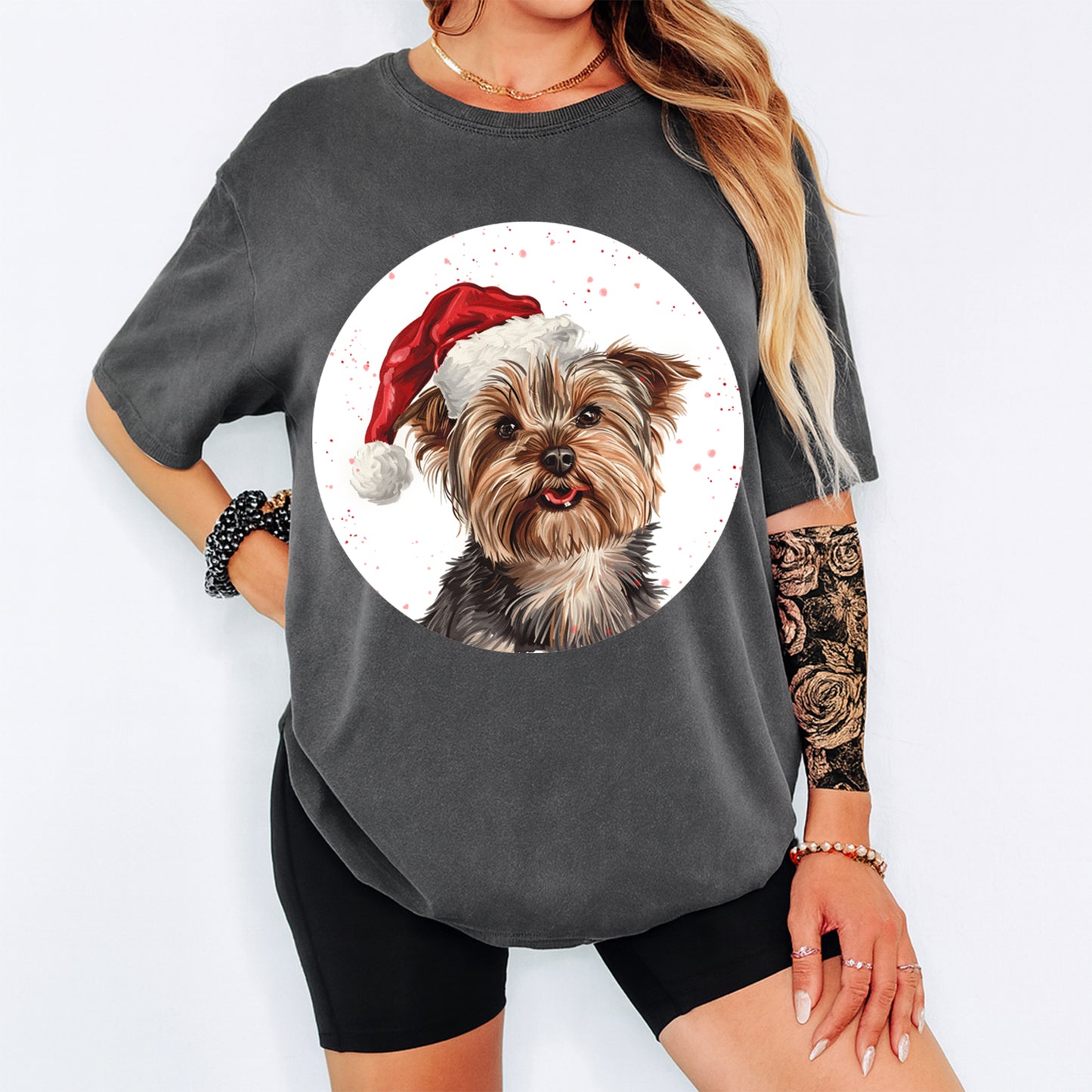 Christmas Yorkie Santa Hat DTF Transfer – Ready to Press Iron On Heat Transfer for DIY Shirts 11981