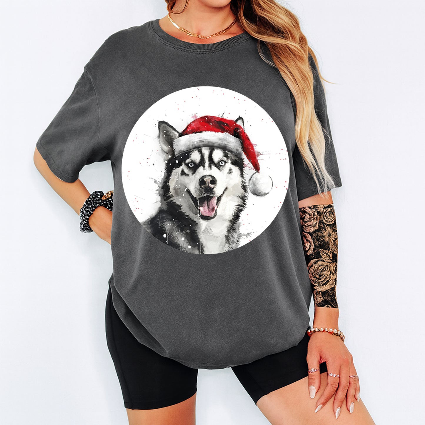 Christmas Husky Santa Hat DTF Transfer – Ready to Press Iron On Heat Transfer for DIY Shirts 11993