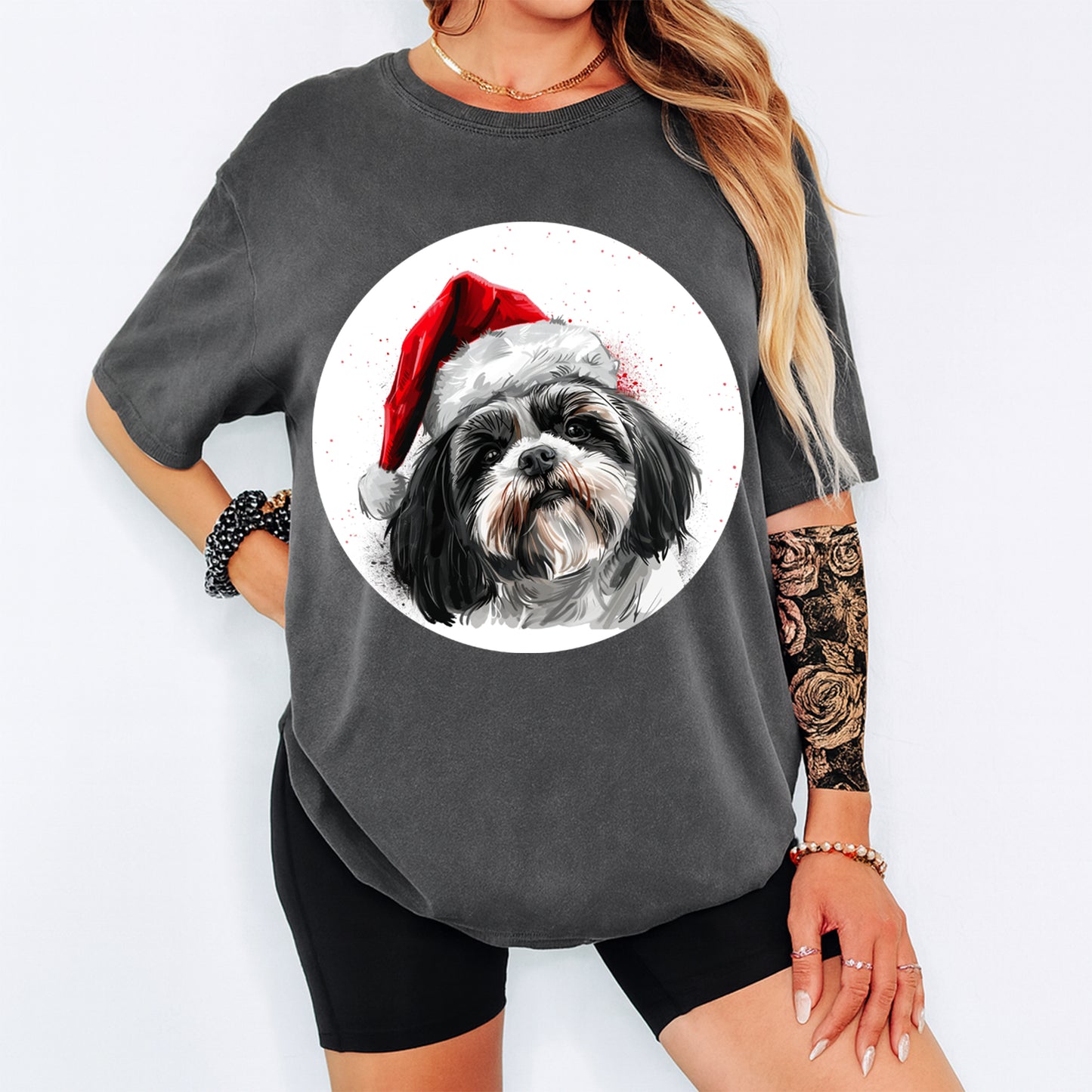 Christmas Shih Tzu Santa Hat DTF Transfer – Ready to Press Iron On Heat Transfer for DIY Shirts 11994