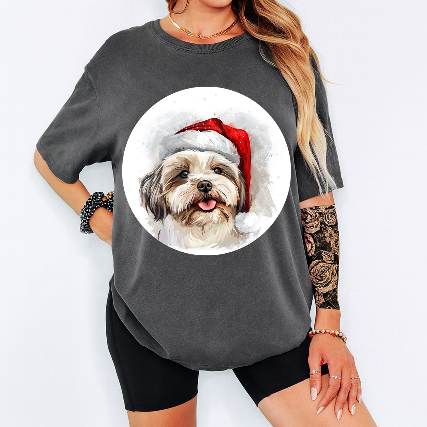 Christmas Shih Tzu Santa Hat DTF Transfer – Ready to Press Iron On Heat Transfer for DIY Shirts 11995