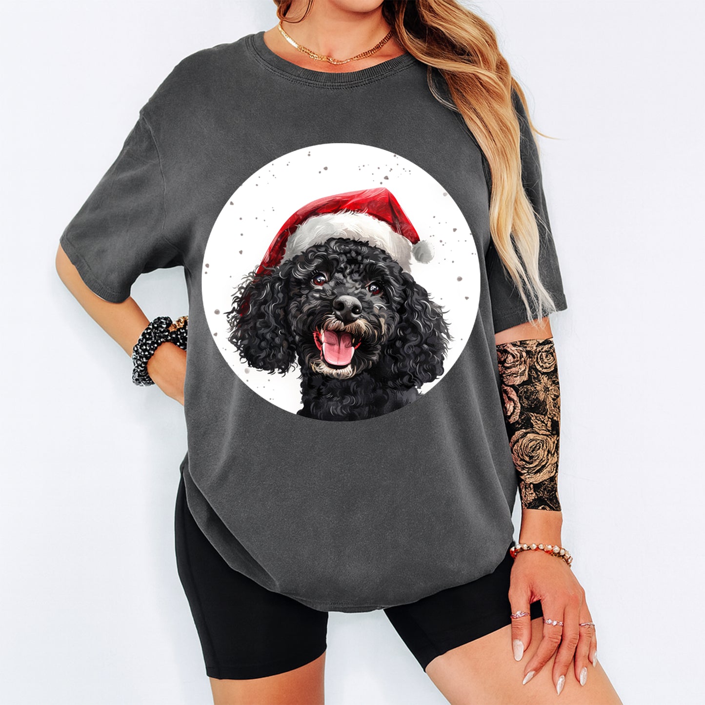 Christmas Black Curly Dog Santa Hat DTF Transfer – Ready to Press Iron On Heat Transfer for DIY Shirts 12014
