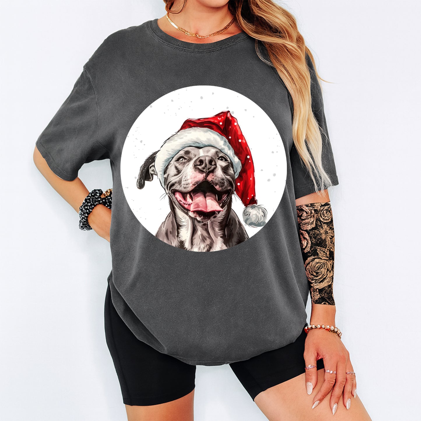 Christmas Grey Bully Dog Santa Hat DTF Transfer – Ready to Press Iron On Heat Transfer for DIY Shirts 12017