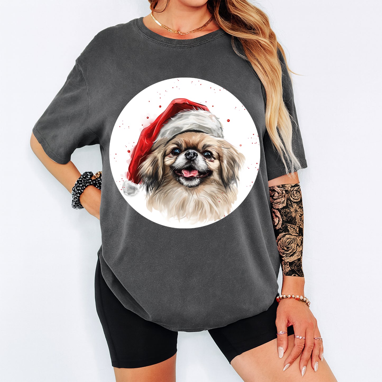 Christmas Pekingese Dog Santa Hat DTF Transfer – Ready to Press Iron On Heat Transfer for DIY Shirts 12019