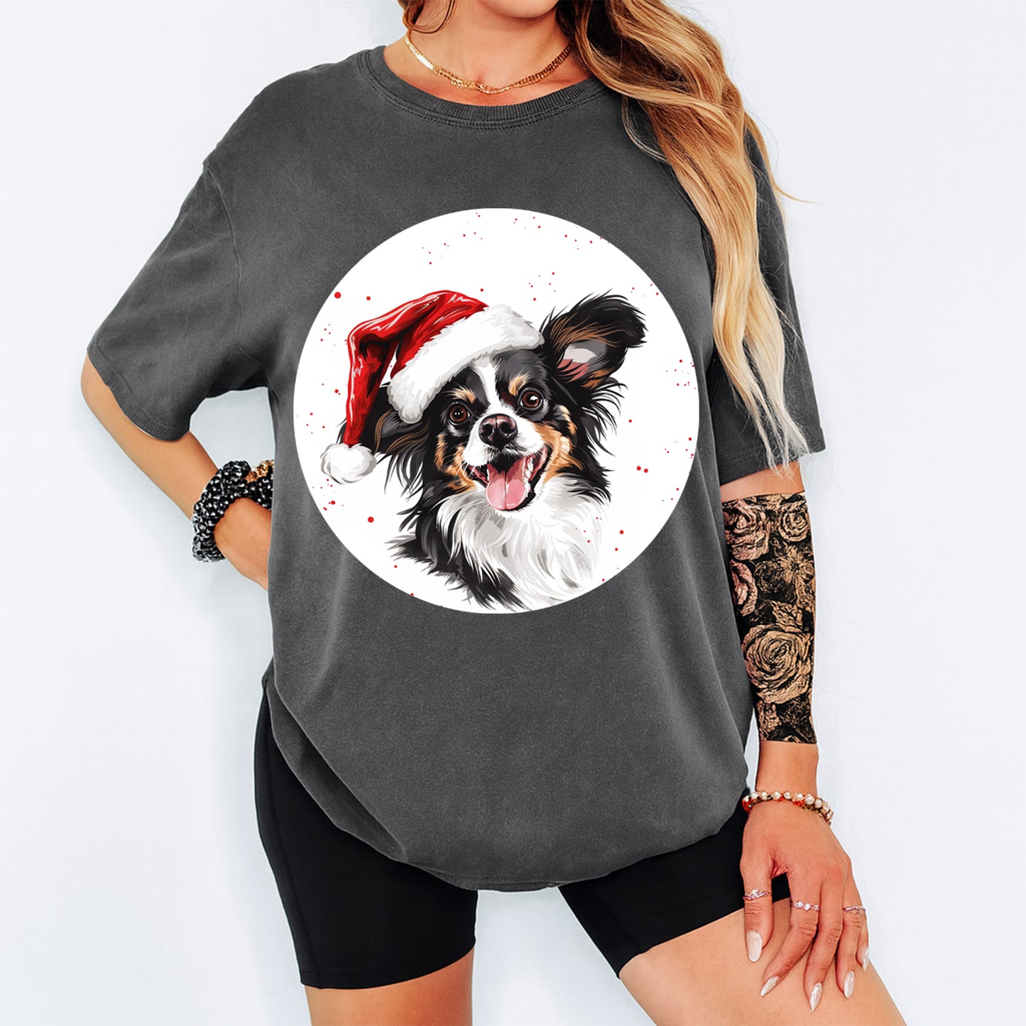 Christmas Papillon Dog Santa Hat DTF Transfer – Ready to Press Iron On Heat Transfer for DIY Shirts 12021