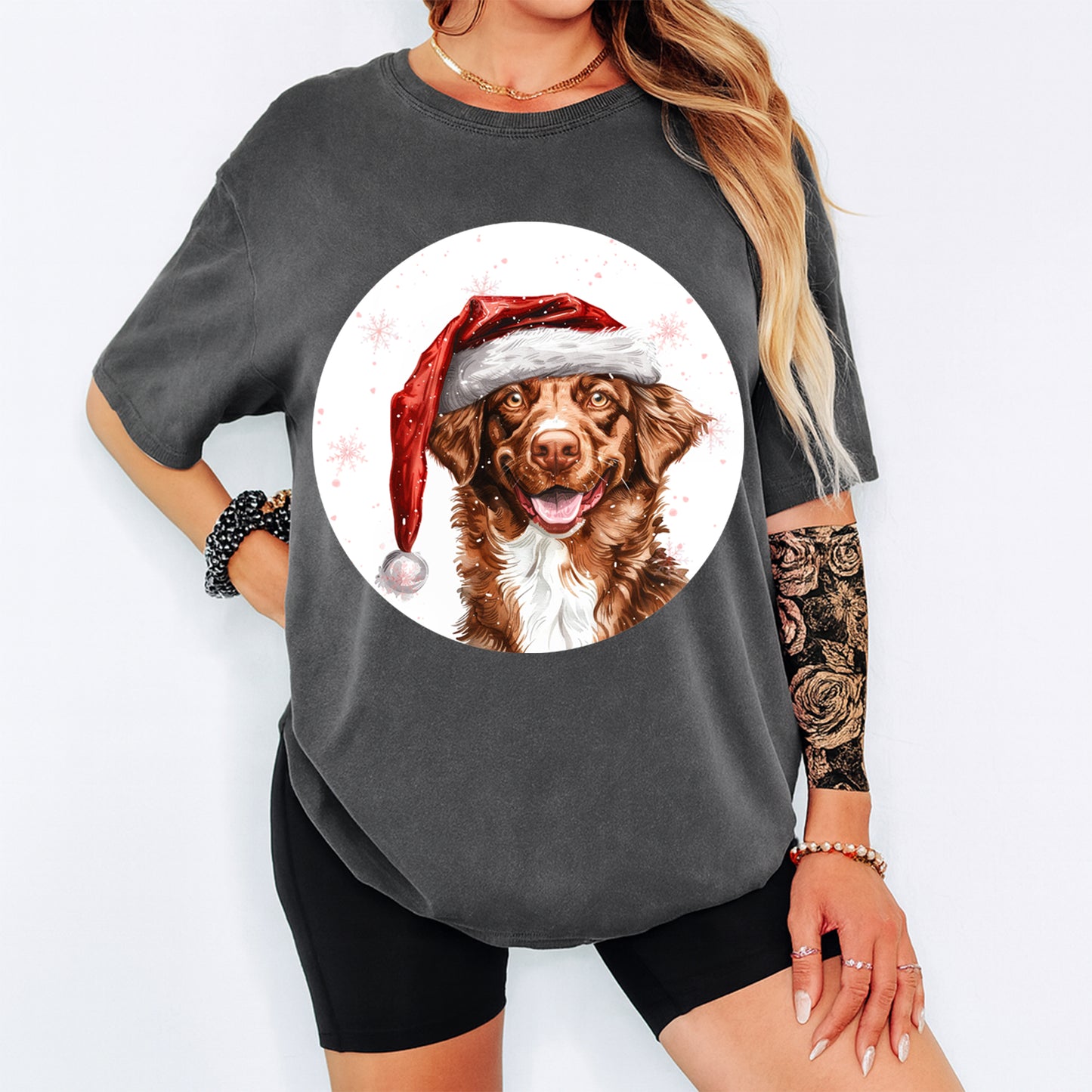 Christmas Brown Dog Santa Hat DTF Transfer – Ready to Press Iron On Heat Transfer for DIY Shirts 12022