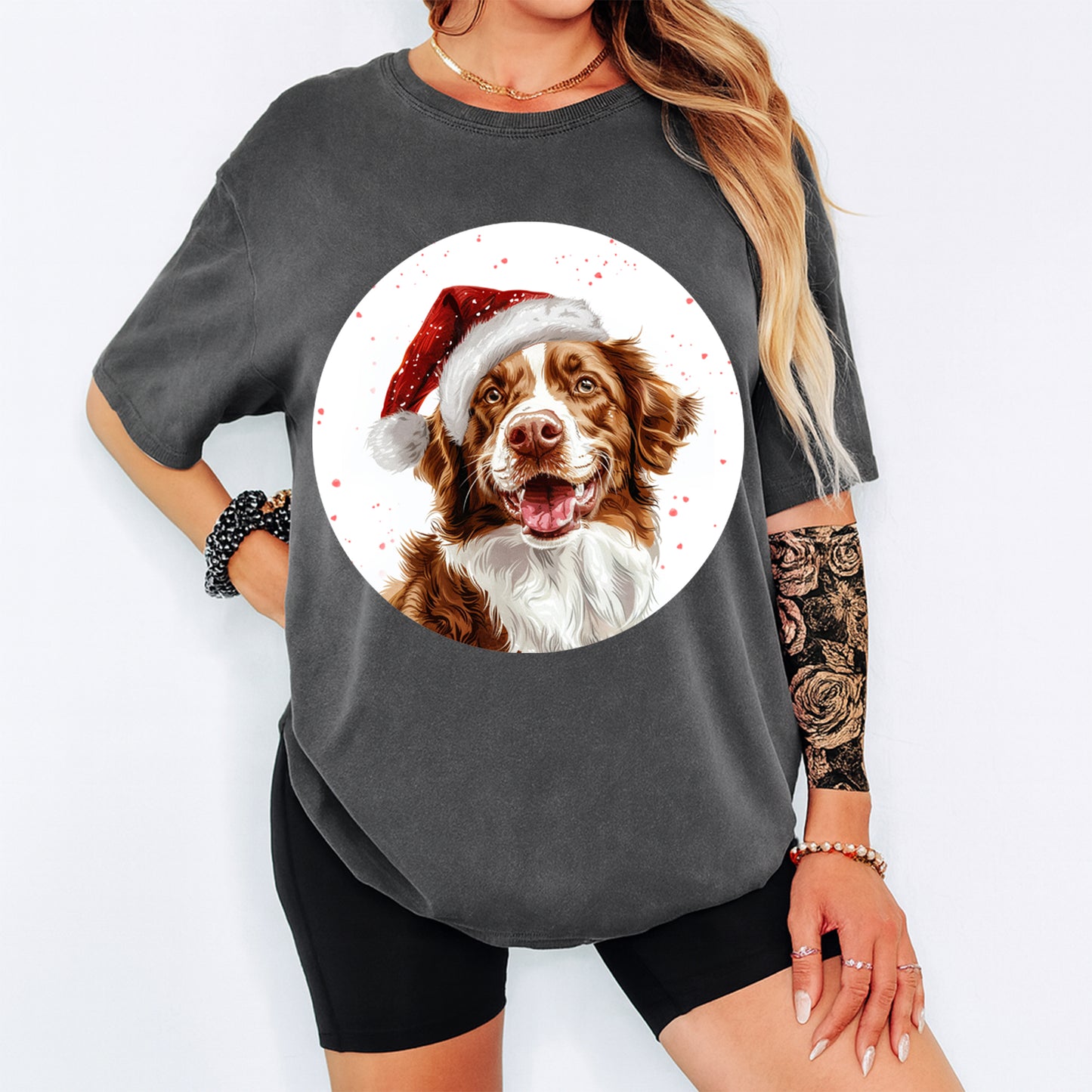 Christmas Brown & White Dog Santa Hat DTF Transfer – Ready to Press Iron On Heat Transfer for DIY Shirts 12023