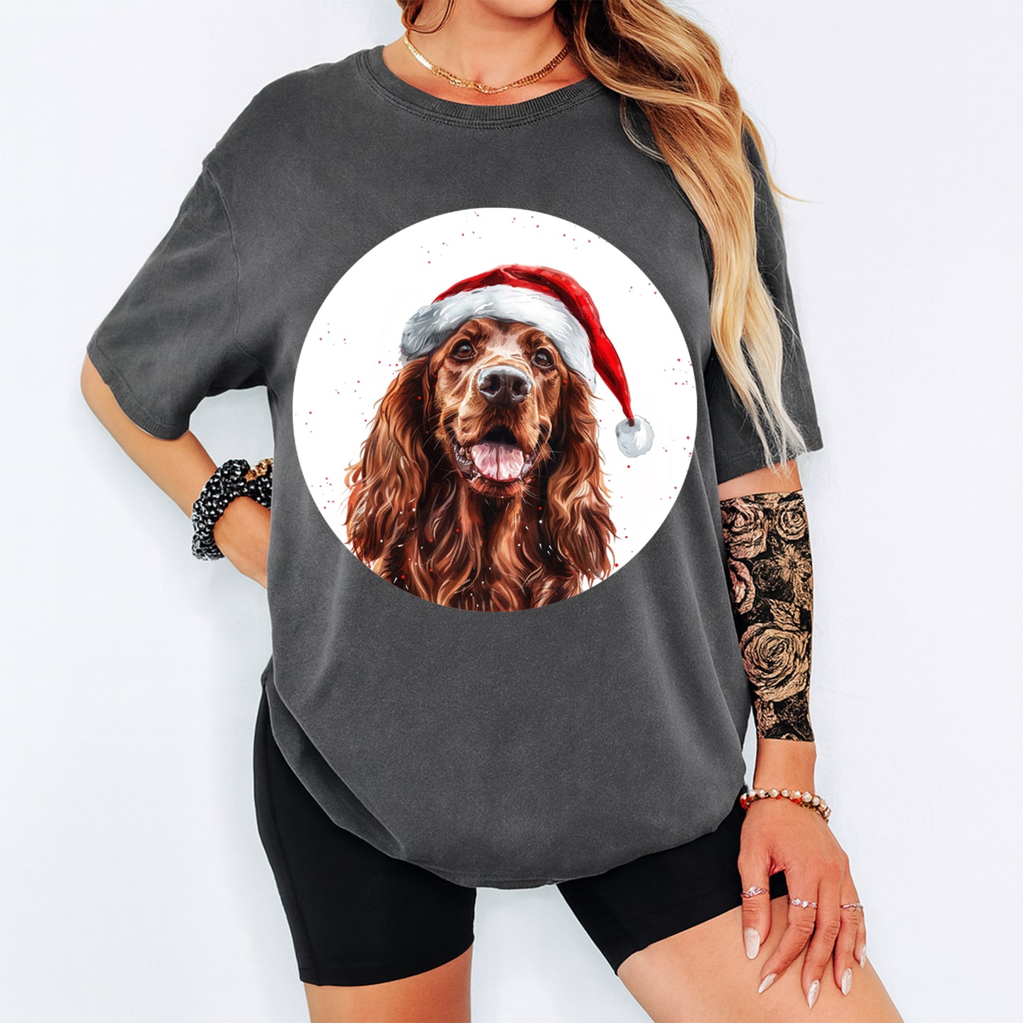 Christmas Dog Santa Hat Long-Haired Brown Pup DTF Transfer – Ready to Press Iron On Heat Transfer for DIY Shirts 12040