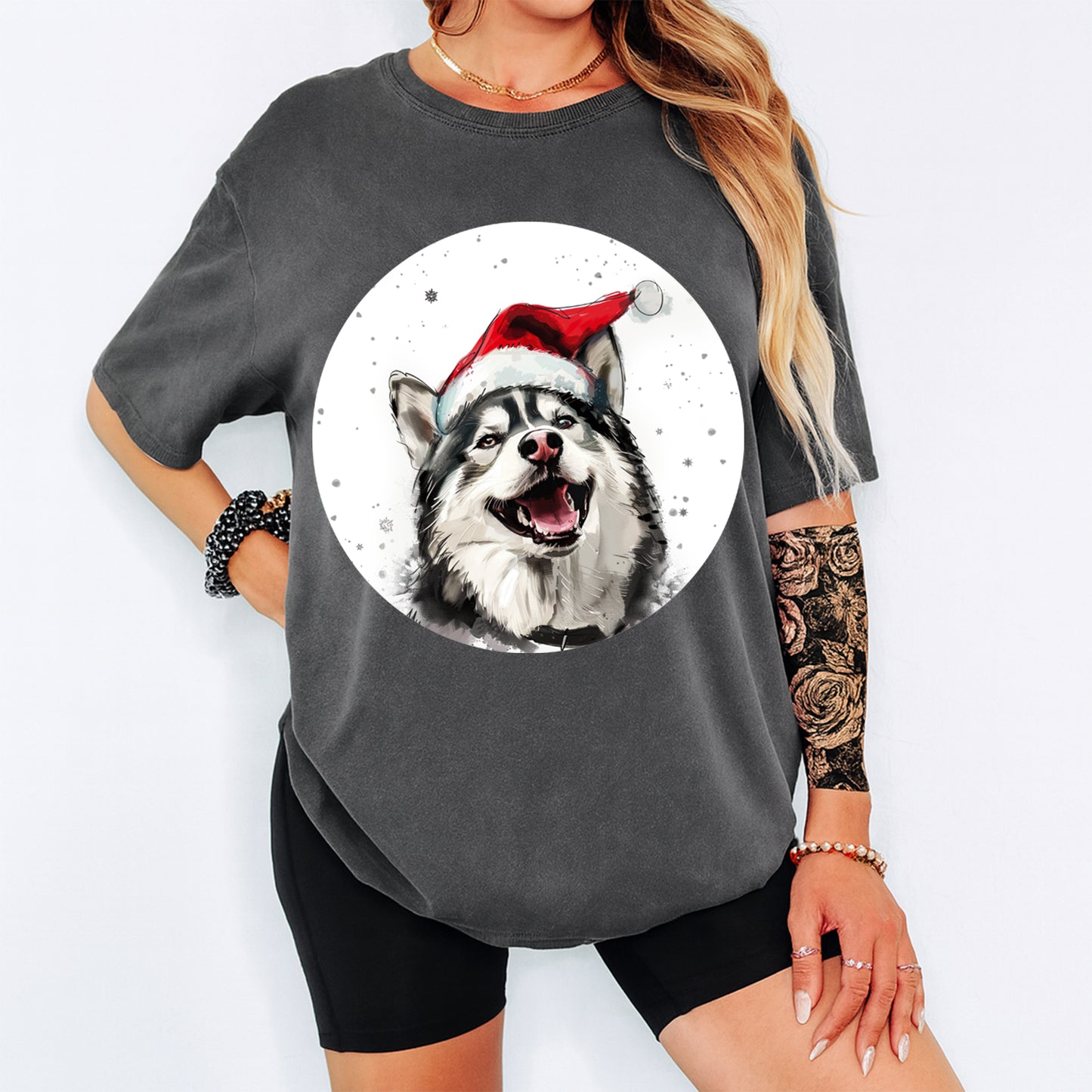 Christmas Dog Santa Hat Husky Pup DTF Transfer – Ready to Press Iron On Heat Transfer for DIY Shirts 12042