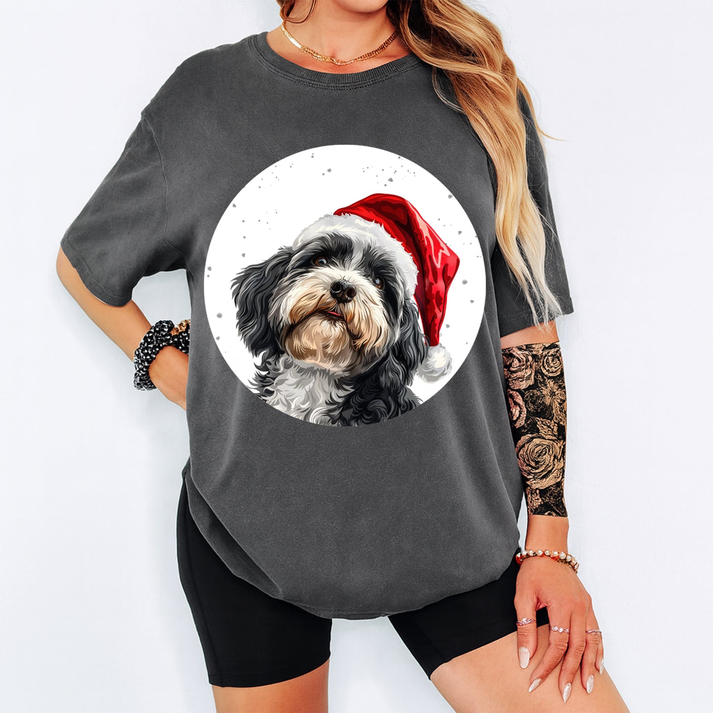 Christmas Dog Santa Hat Black & White Fluffy Pup DTF Transfer – Ready to Press Iron On Heat Transfer for DIY Shirts 12043