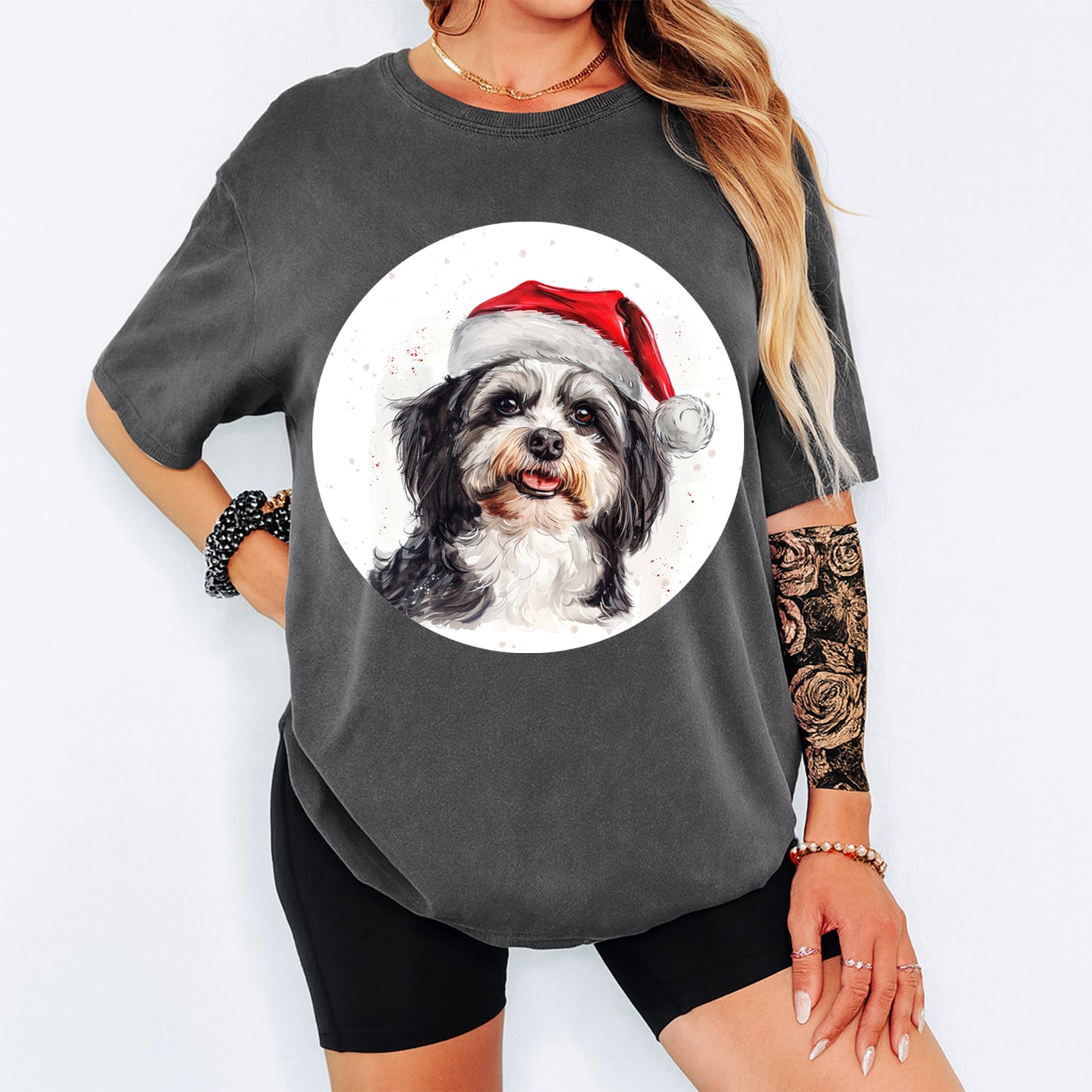 Christmas Dog Santa Hat Black & White Pup DTF Transfer – Ready to Press Iron On Heat Transfer for DIY Shirts 12045