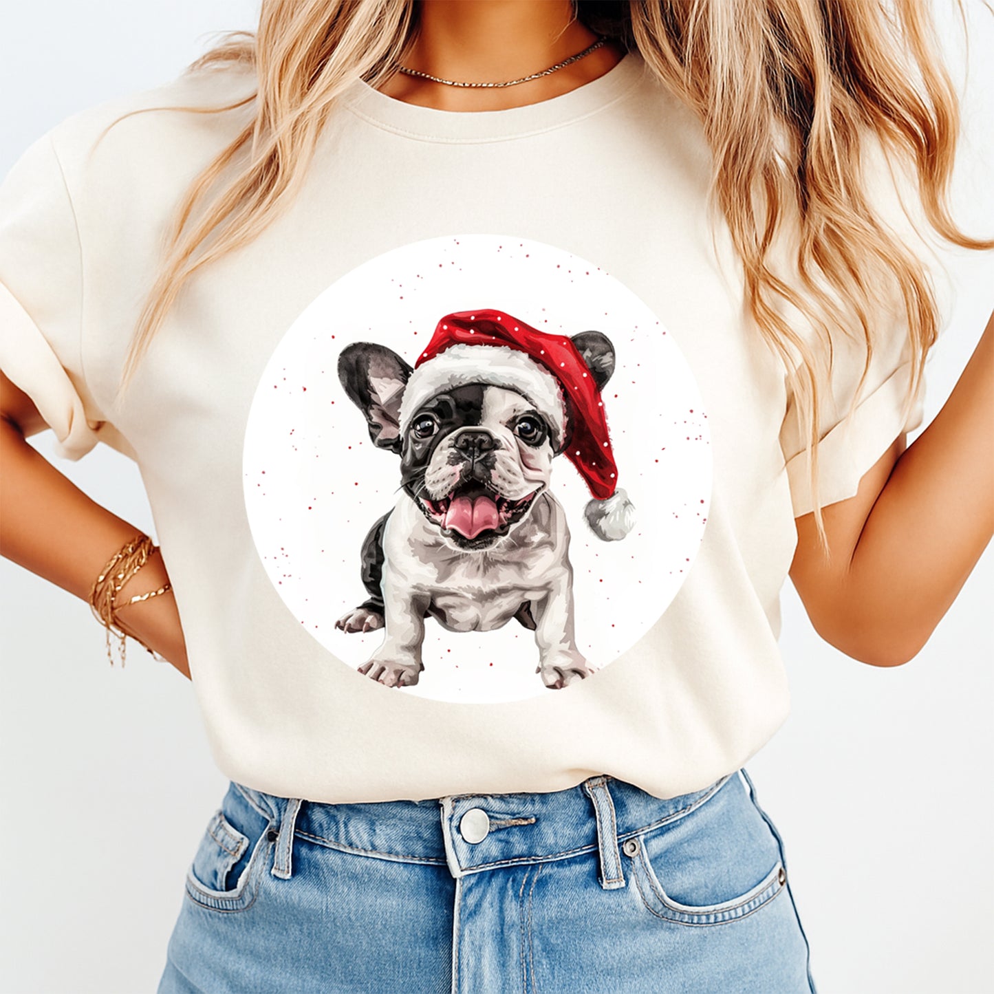 Christmas Dog Santa Hat Frenchie Pup DTF Transfer – Ready to Press Iron On Heat Transfer for DIY Shirts 12057