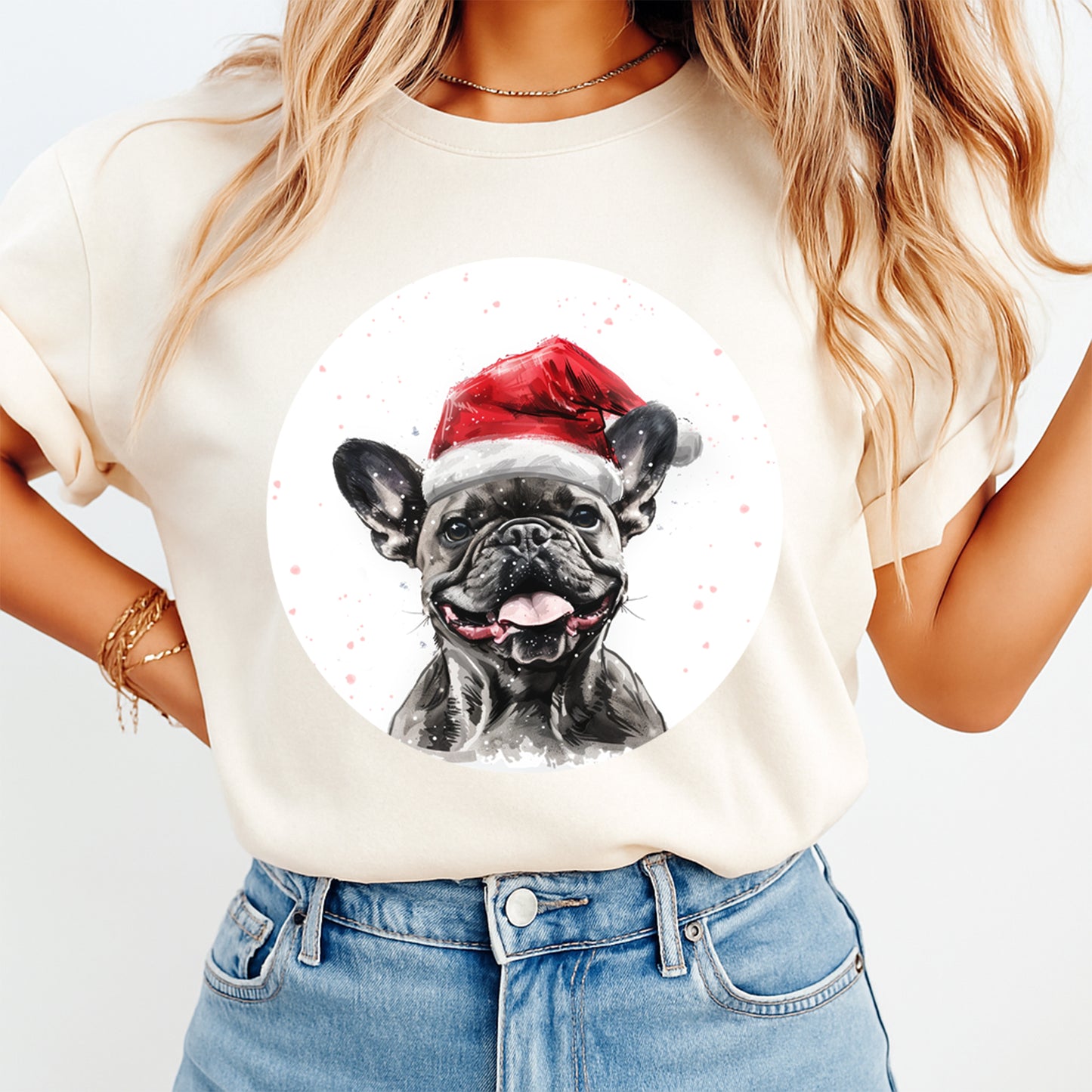 Christmas Dog Santa Hat French Bulldog Pup DTF Transfer – Ready to Press Iron On Heat Transfer for DIY Shirts 12059