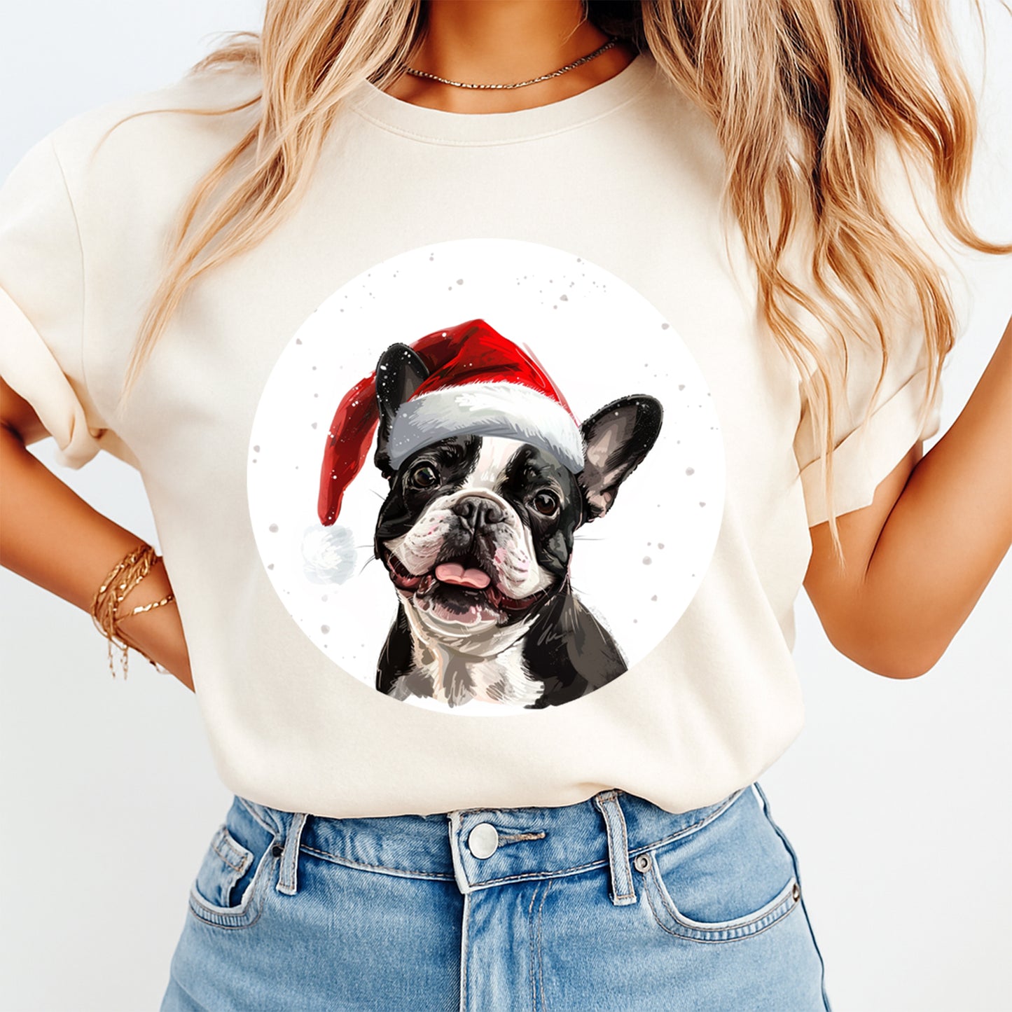 Christmas Dog Santa Hat Boston Terrier Pup DTF Transfer – Ready to Press Iron On Heat Transfer for DIY Shirts 12060