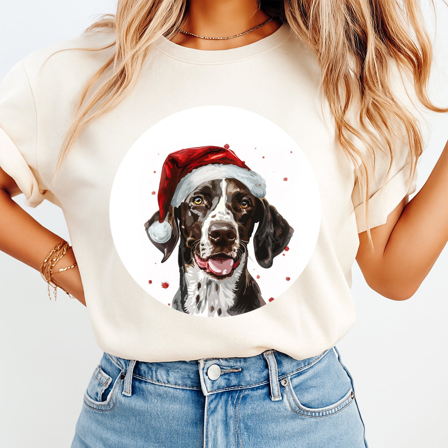 Christmas Dog Santa Hat Brown & White Pup DTF Transfer – Ready to Press Iron On Heat Transfer for DIY Shirts 12062