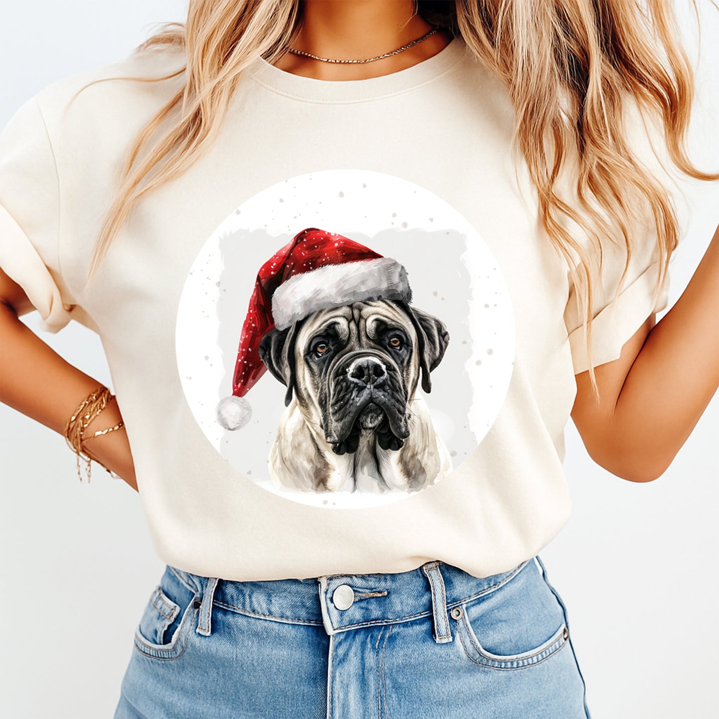 Christmas Dog Santa Hat Mastiff Pup DTF Transfer – Ready to Press Iron On Heat Transfer for DIY Shirts 12063