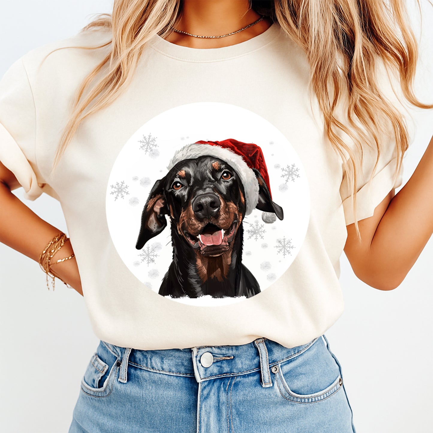 Christmas Dog Santa Hat Doberman Pup DTF Transfer – Ready to Press Iron On Heat Transfer for DIY Shirts 12065