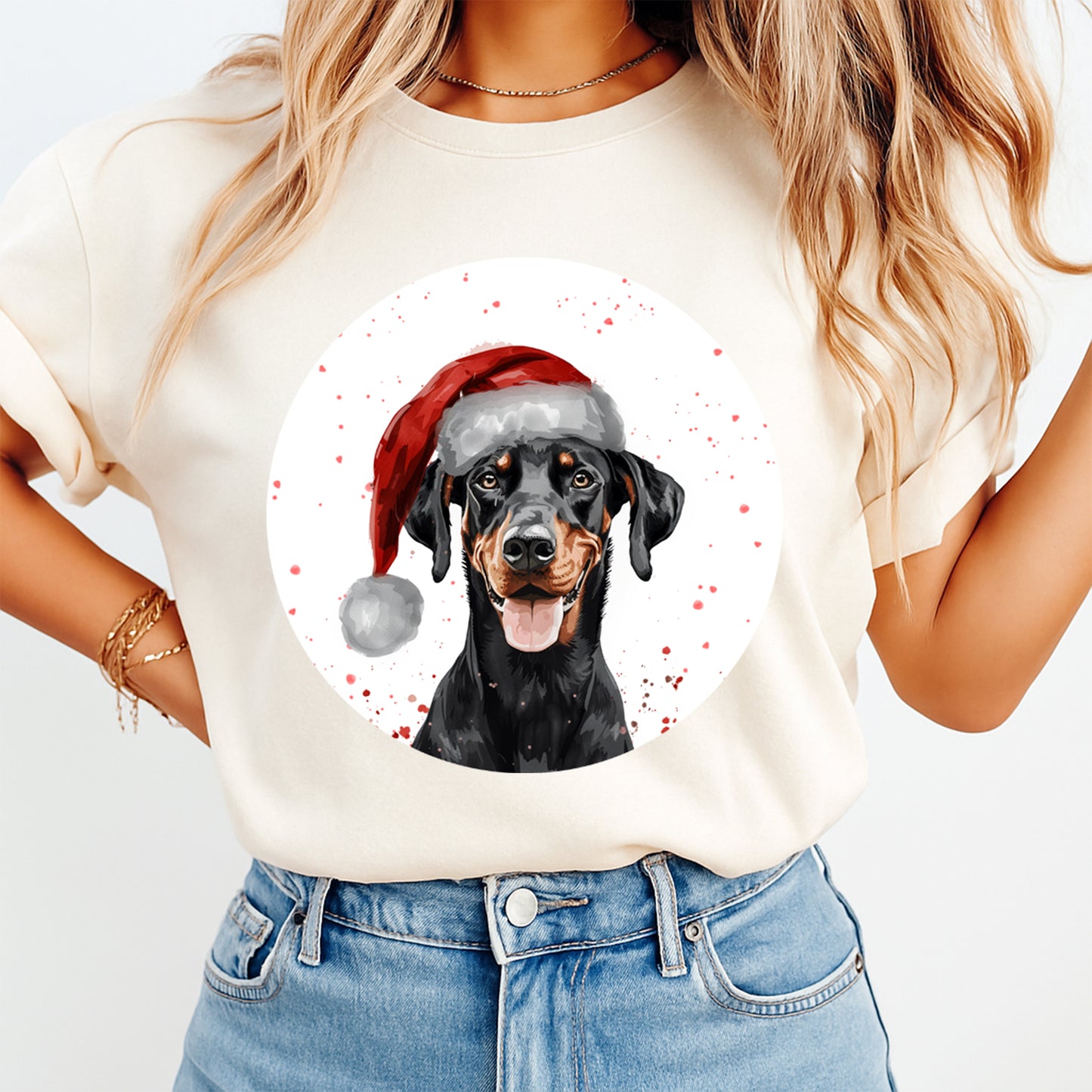 Christmas Dog Santa Hat Black & Tan Doberman Pup DTF Transfer – Ready to Press Iron On Heat Transfer for DIY Shirts 12066