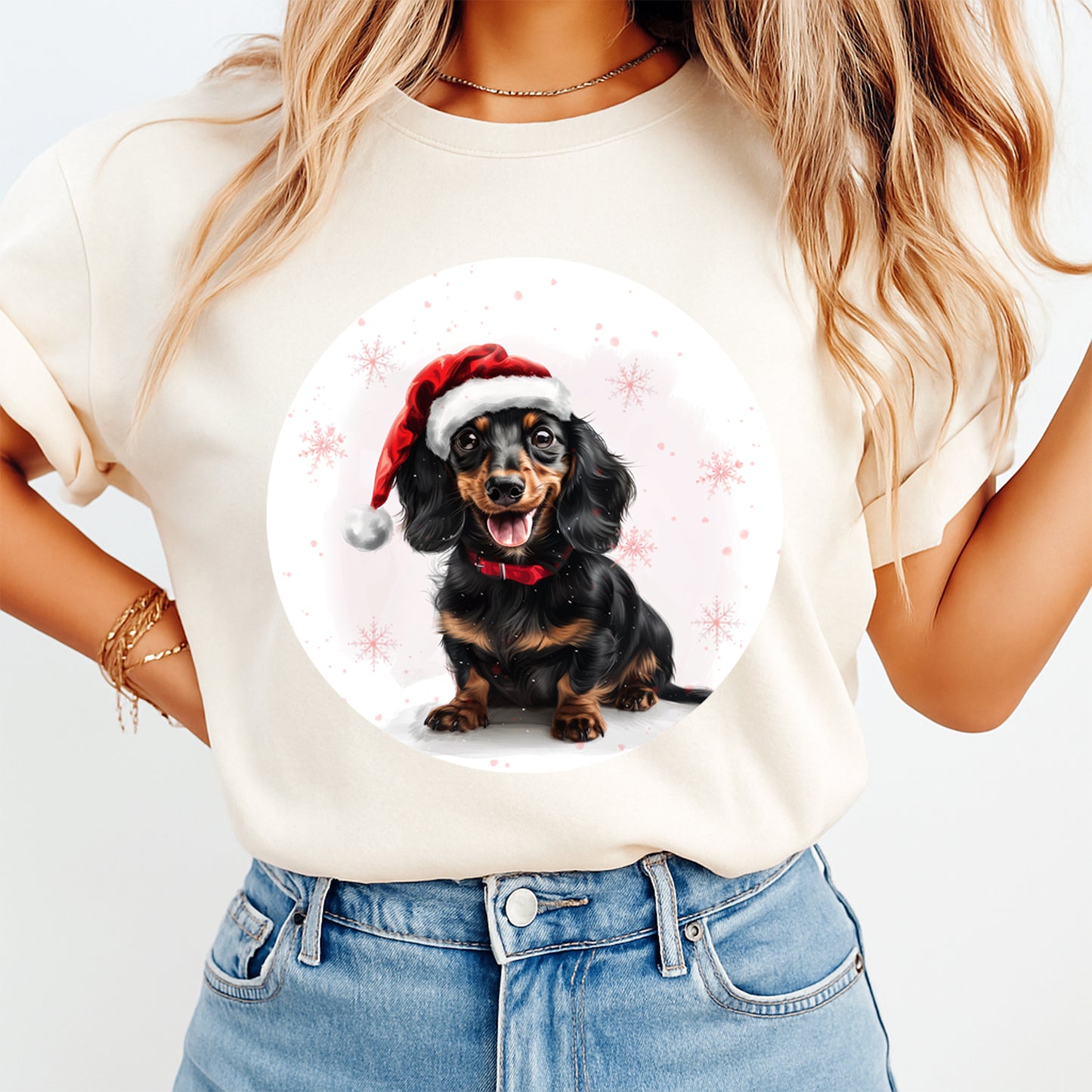 Christmas Dachshund Santa Hat DTF Transfer – Round Snowflake Portrait Ready to Press Iron On Heat Transfer for DIY Shirts 12070