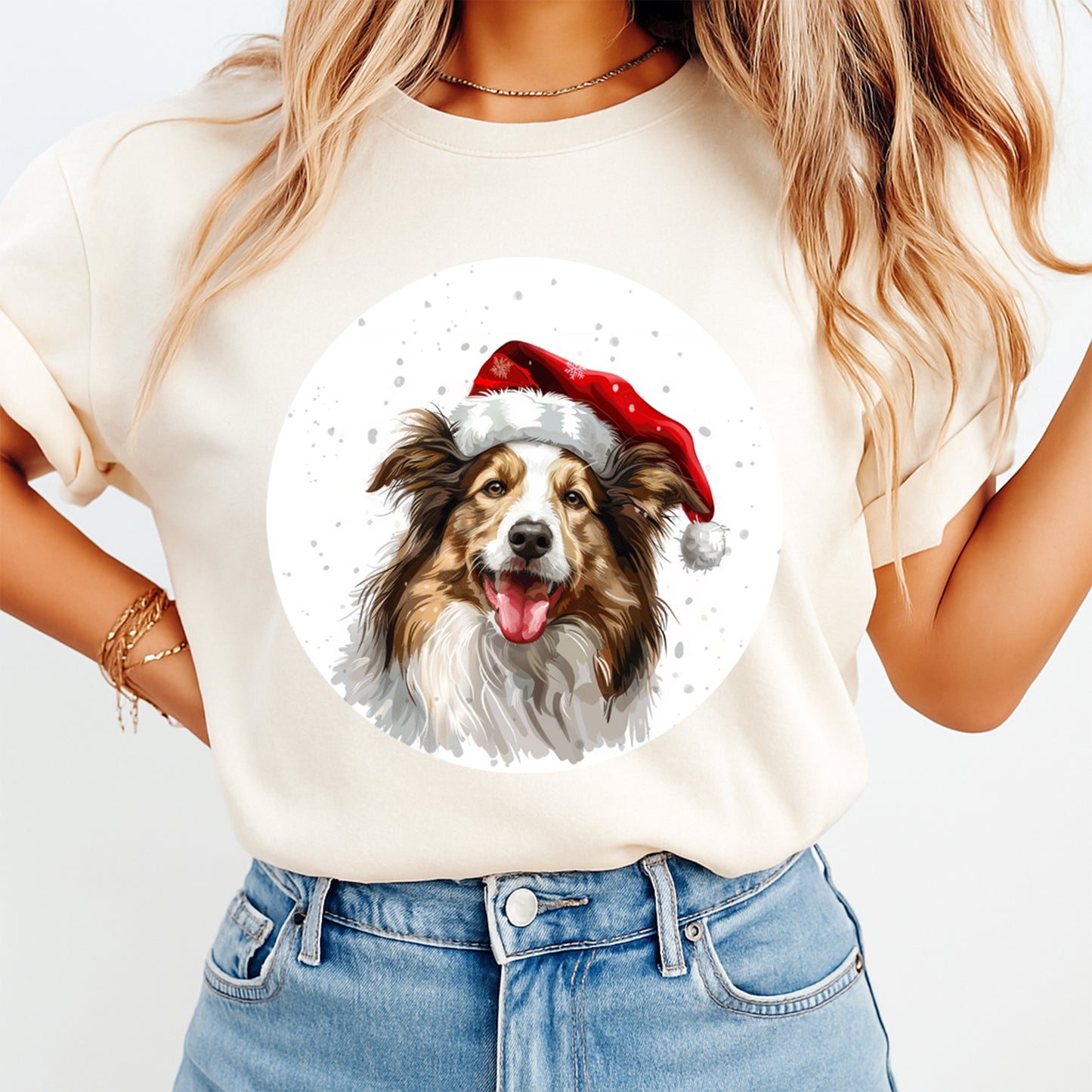 Christmas Australian Shepherd Santa Hat DTF Transfer – Round Snowfall Portrait Ready to Press Iron On Heat Transfer for DIY Shirts 12072