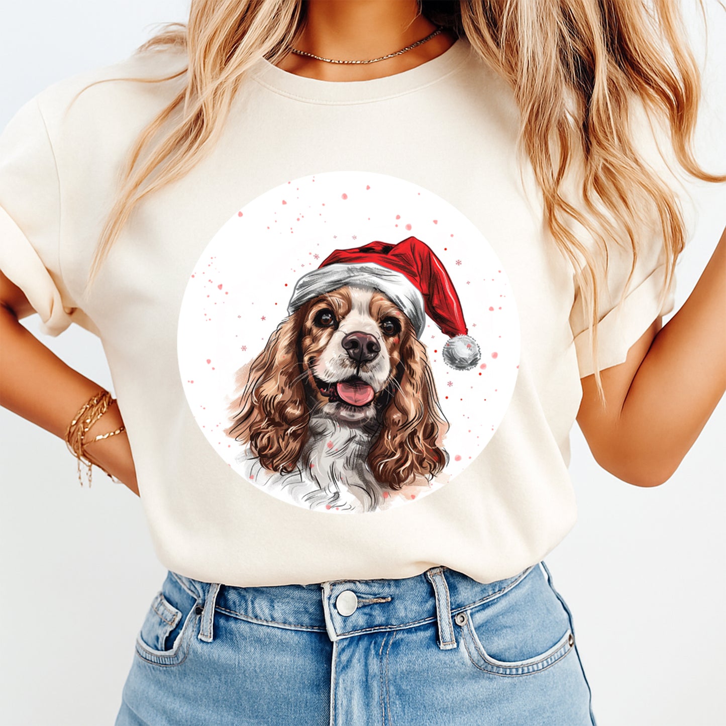 Christmas Spaniel Santa Hat DTF Transfer – Round Snowfall Portrait Ready to Press Iron On Heat Transfer for DIY Shirts 12073