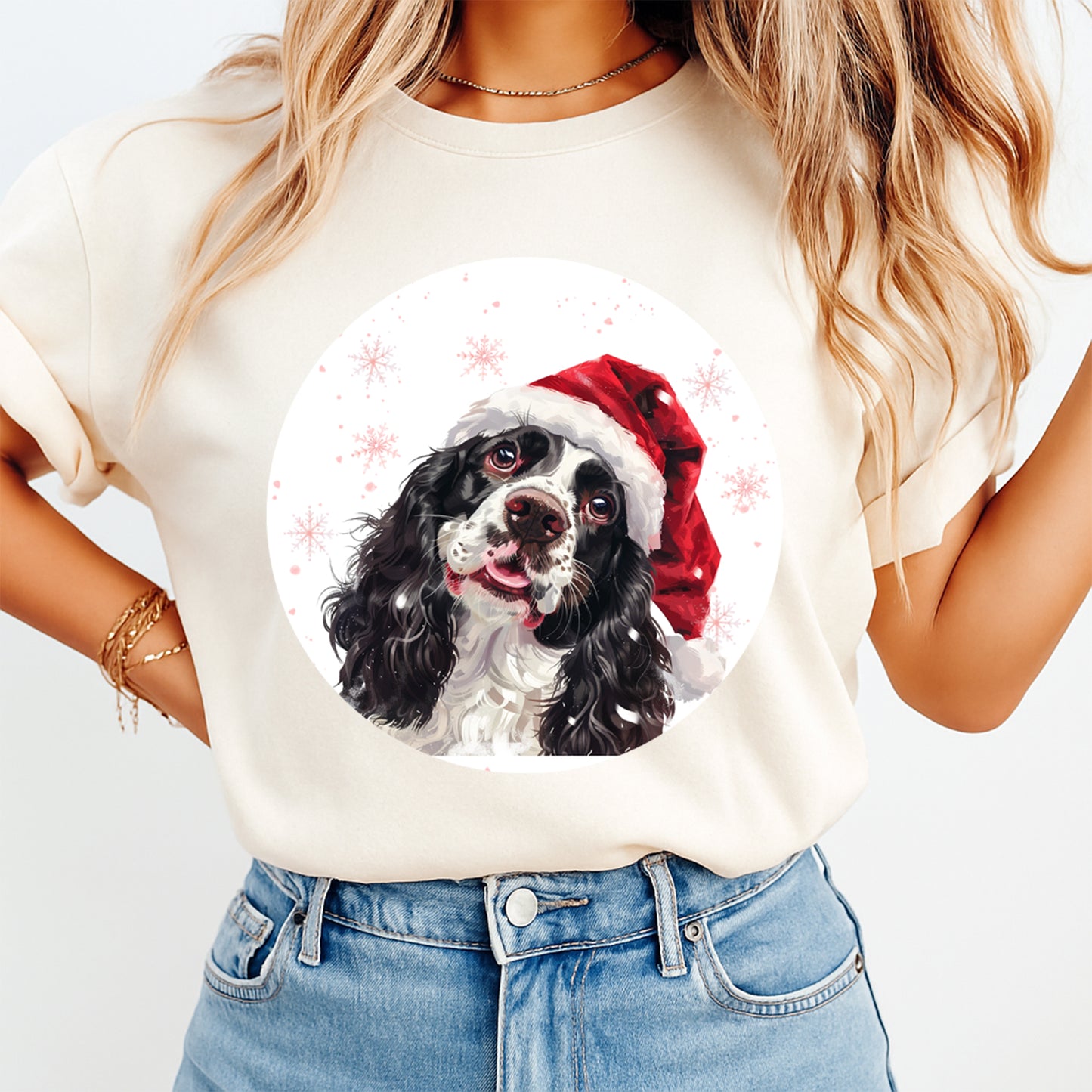 Christmas Spaniel Santa Hat DTF Transfer – Round Snowflake Portrait Ready to Press Iron On Heat Transfer for DIY Shirts 12074