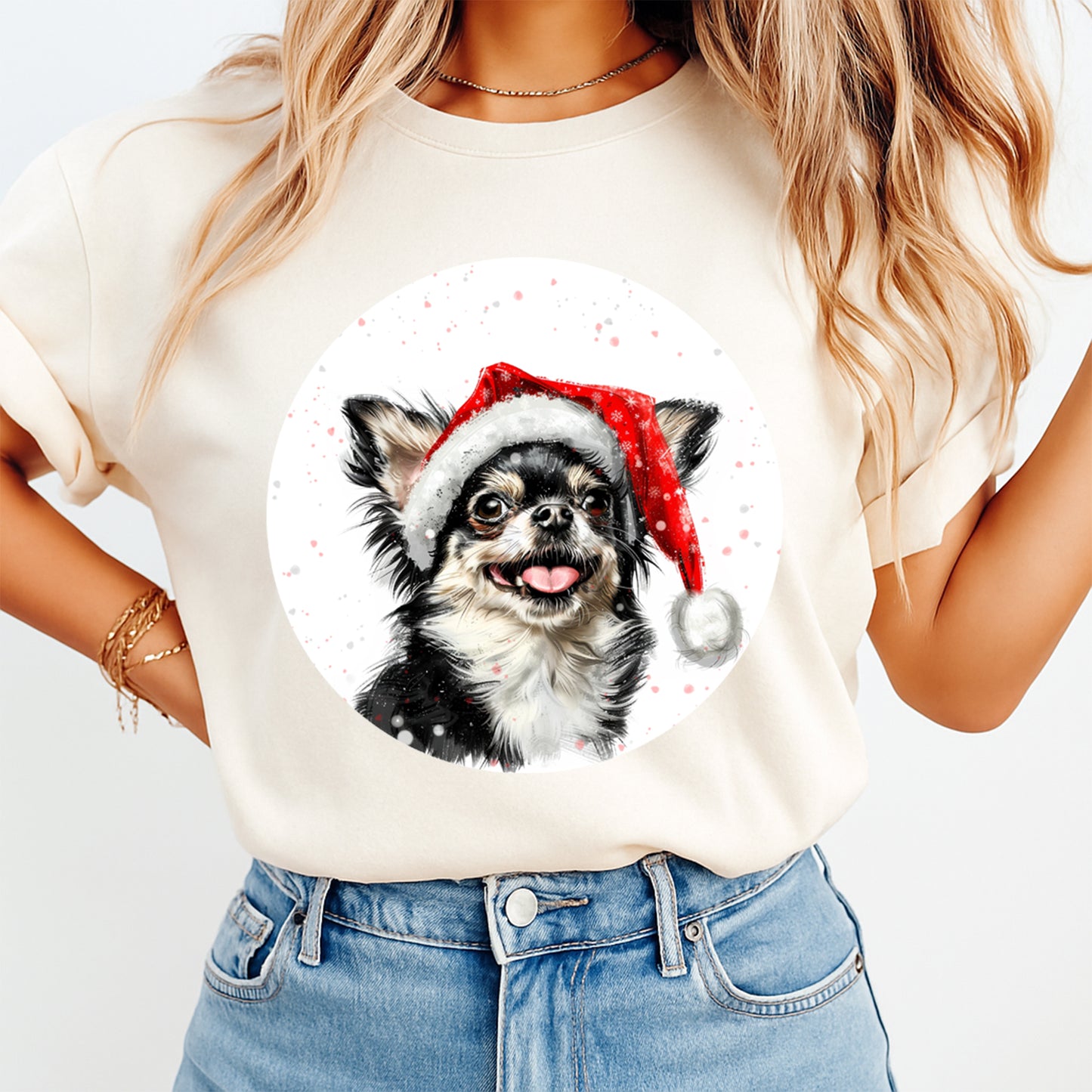 Christmas Longhair Chihuahua Santa Hat DTF Transfer – Round Snowfall Portrait Ready to Press Iron On Heat Transfer for DIY Shirts 12076