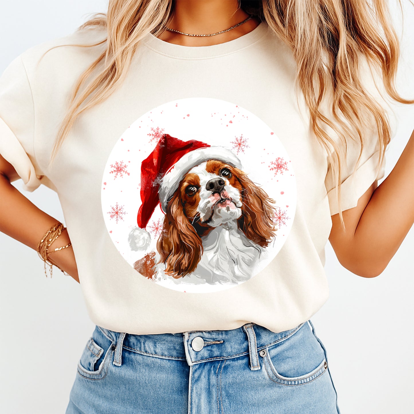 Christmas Cavalier Spaniel Santa Hat DTF Transfer – Round Snowflake Portrait Ready to Press Iron On Heat Transfer for DIY Shirts 12077