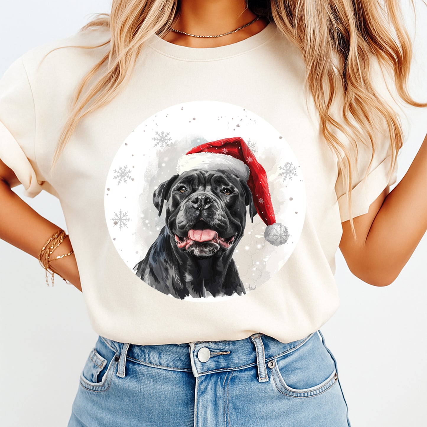 Christmas Cane Corso Santa Hat DTF Transfer – Round Snowflake Portrait Ready to Press Iron On Heat Transfer for DIY Shirts 12078