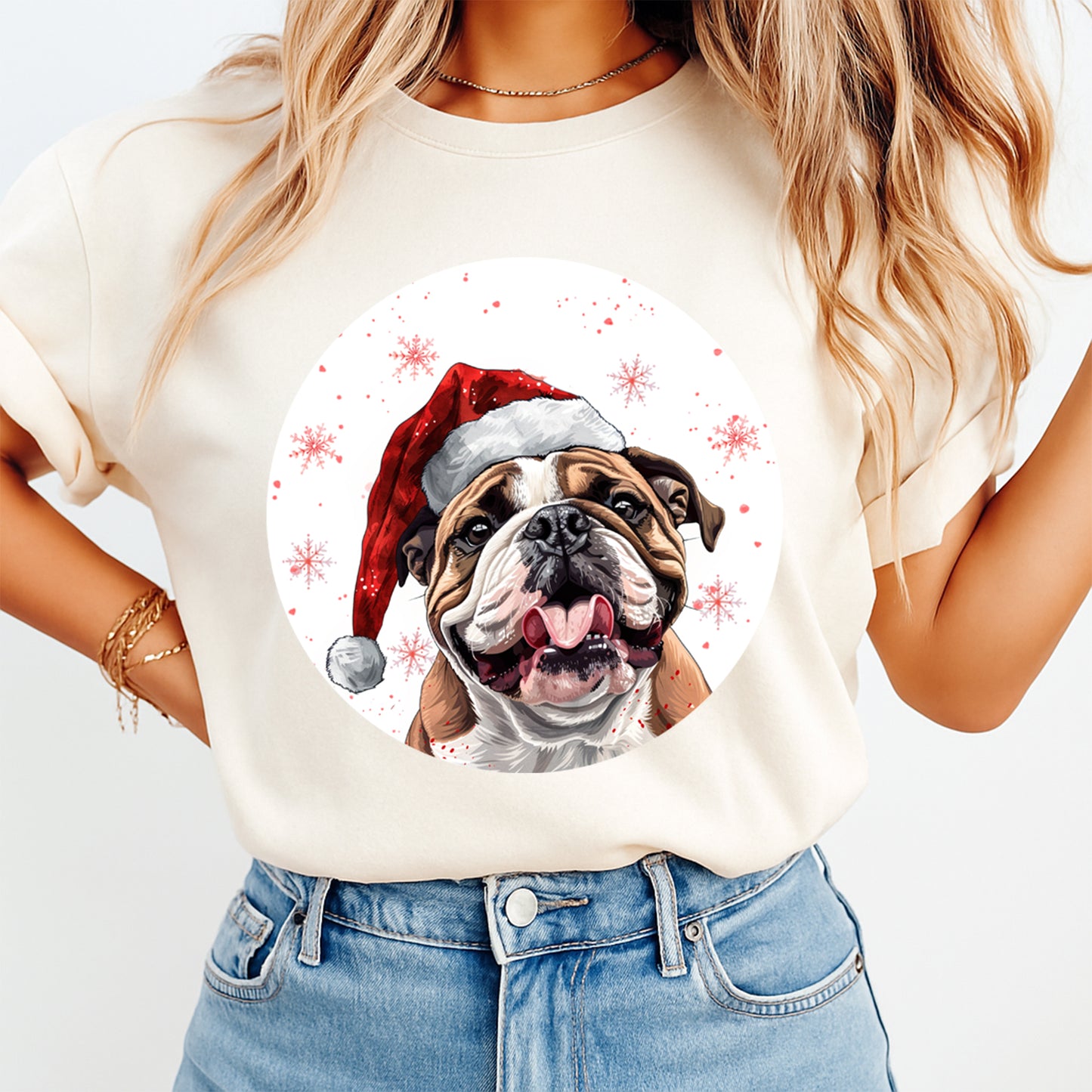 Christmas Bulldog Santa Hat DTF Transfer – Round Snowflake Portrait Ready to Press Iron On Heat Transfer for DIY Shirts 12080