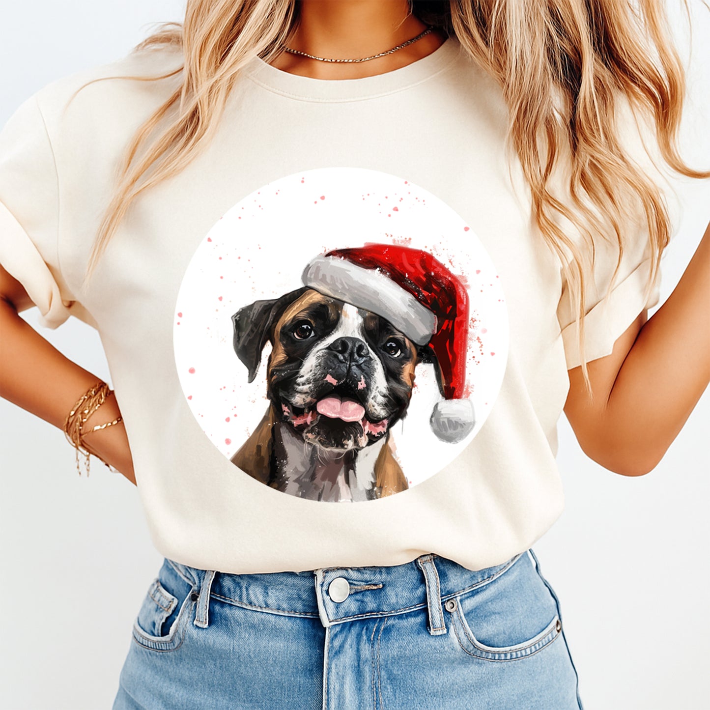 Christmas Boxer Santa Hat DTF Transfer – Round Snowfall Portrait Ready to Press Iron On Heat Transfer for DIY Shirts 12084