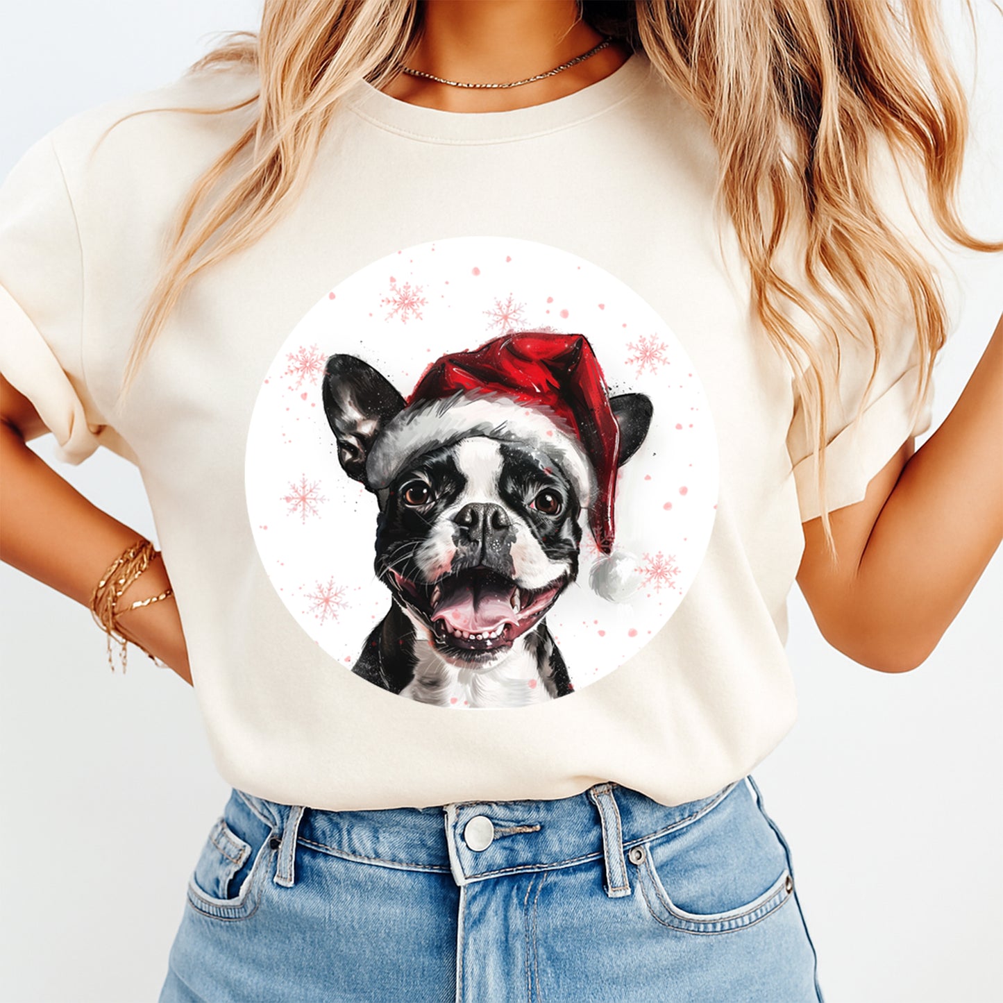 Christmas Boston Terrier Santa Hat DTF Transfer – Round Snowflake Portrait Ready to Press Iron On Heat Transfer for DIY Shirts 12088